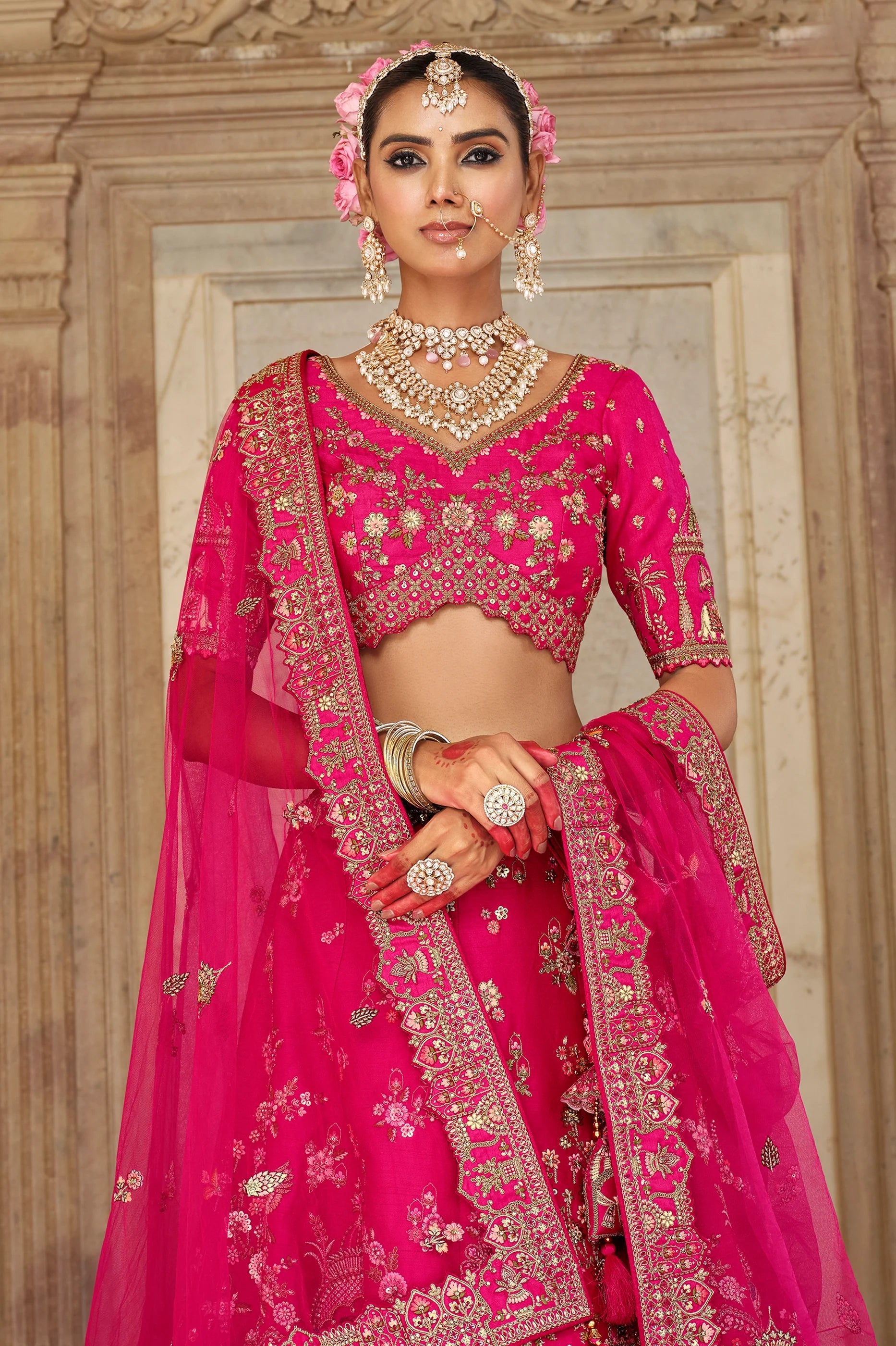 Hot Pink Semi-Stitched Embroidered Silk Lehenga-SAR10540_2_SareeButa.com