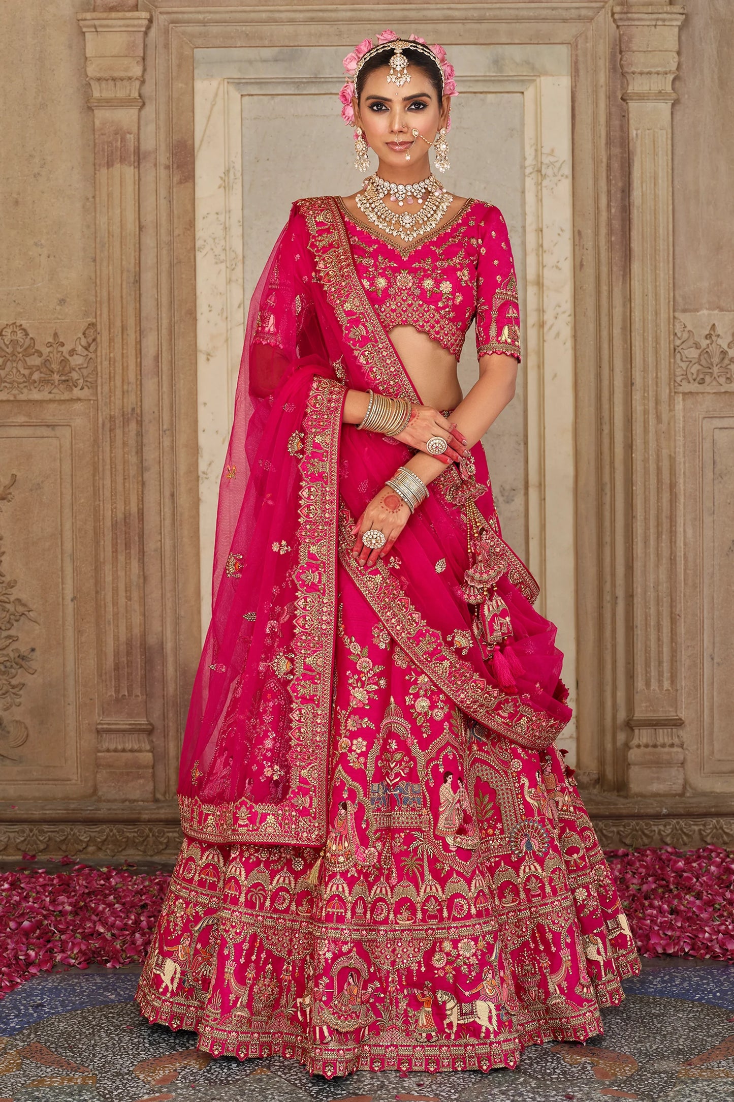 Hot Pink Semi-Stitched Embroidered Silk Lehenga-SAR10540_4_SareeButa.com