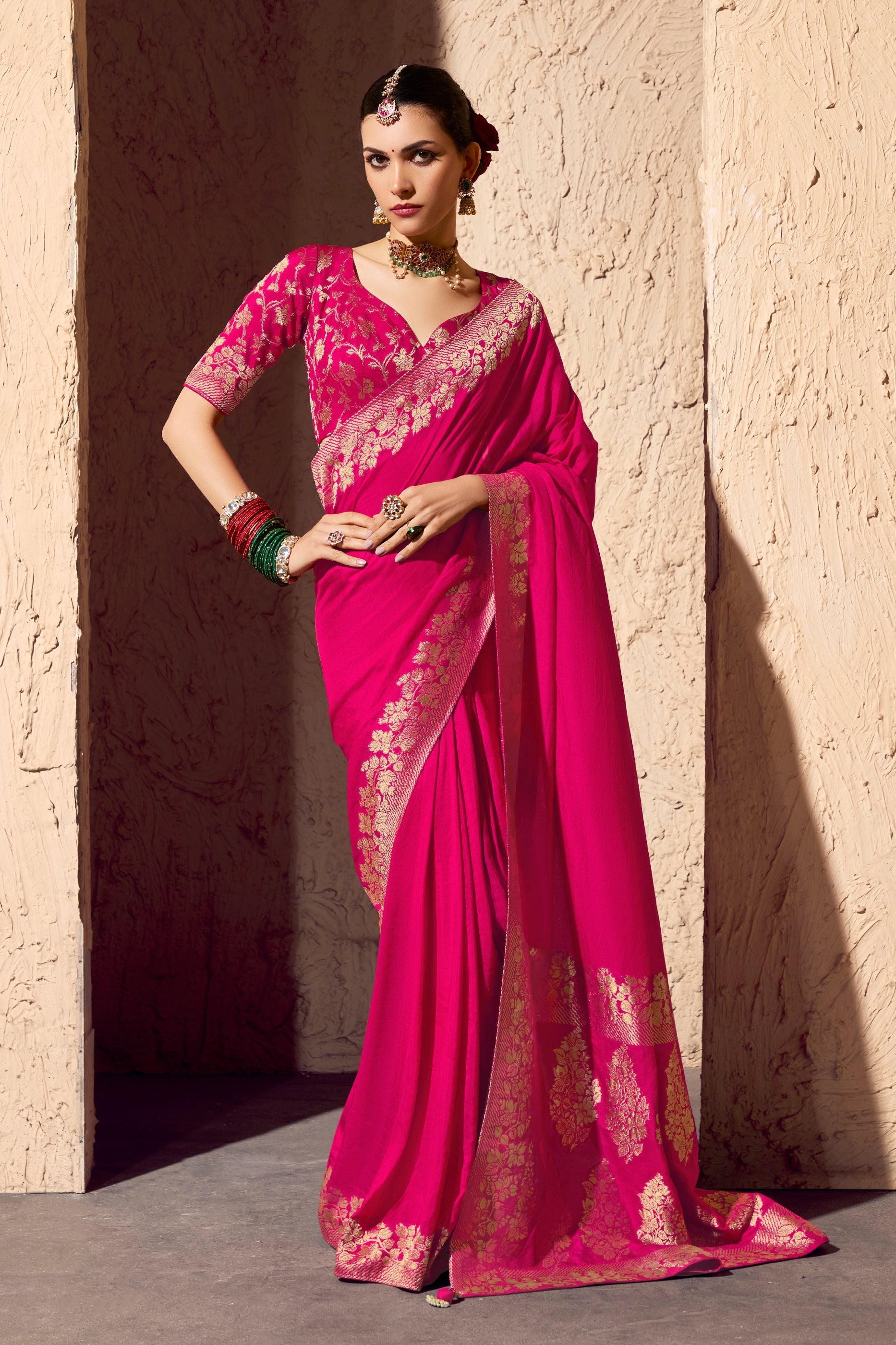 Hot Pink Woven Crepe Georgette Saree-SAR10993_1_SareeButa.com