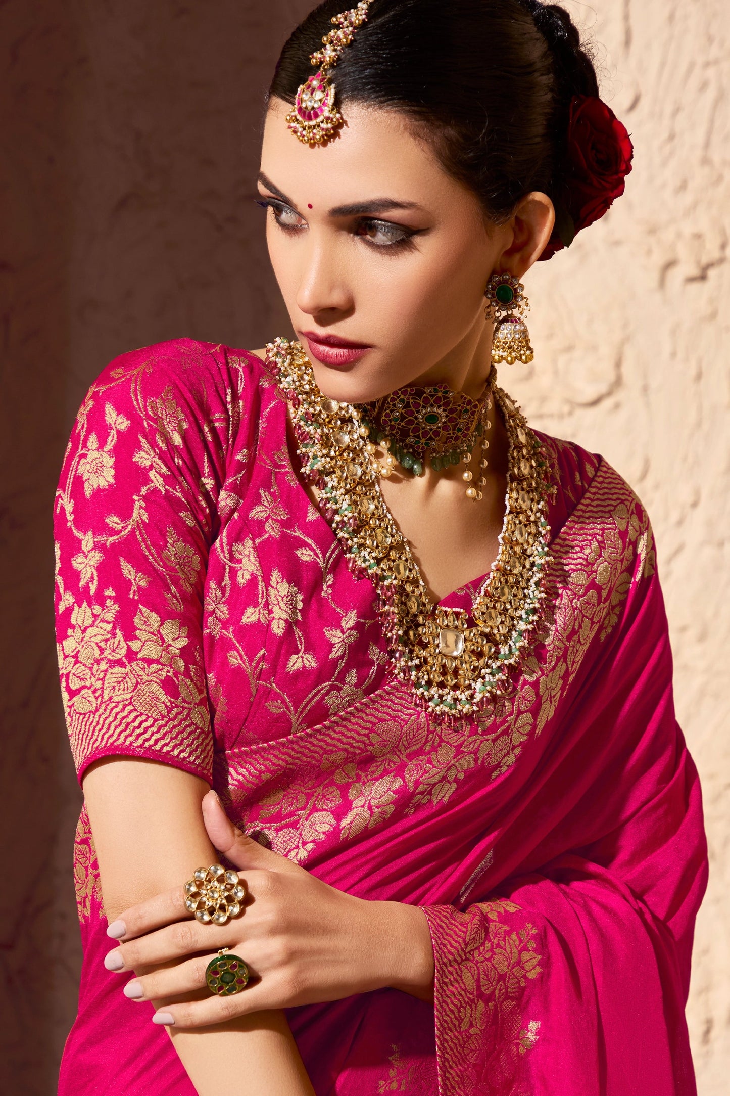 Hot Pink Woven Crepe Georgette Saree-SAR10993_3_SareeButa.com