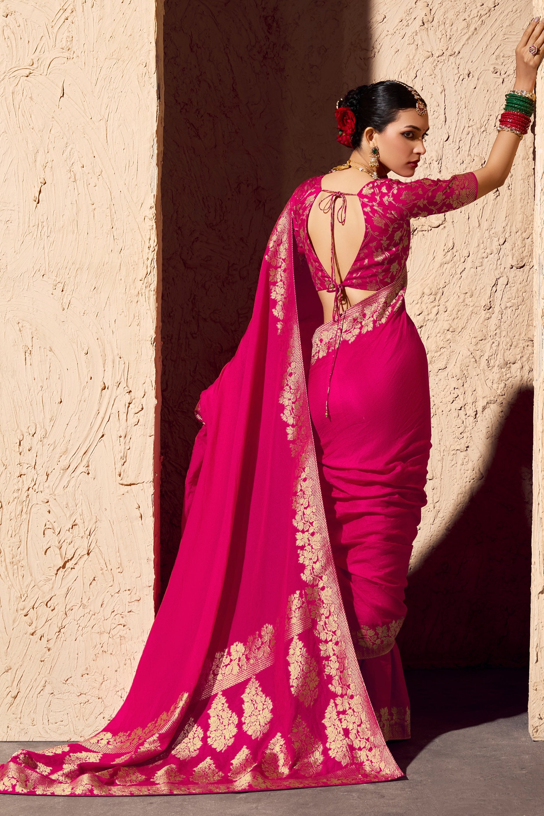 Hot Pink Woven Crepe Georgette Saree-SAR10993_4_SareeButa.com