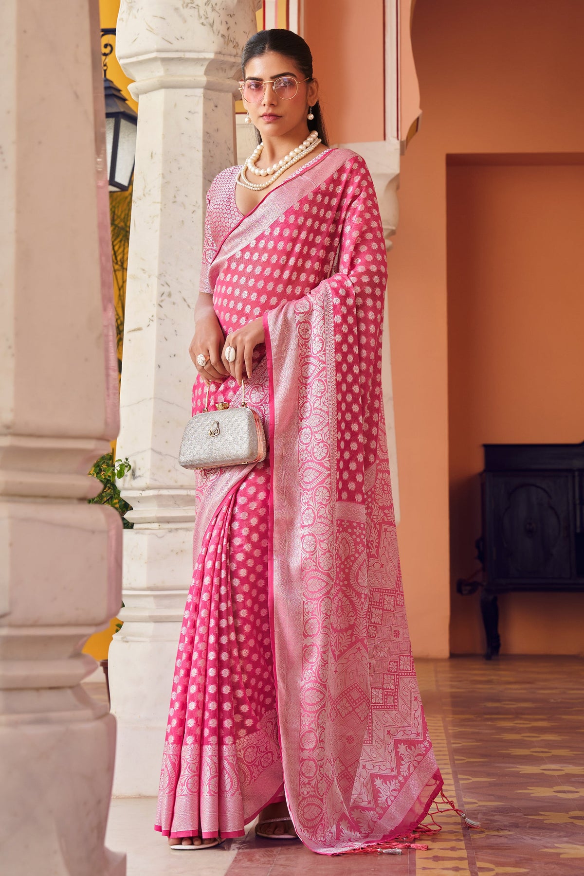 Hot Pink Woven Georgette Saree-SAR10176_1_SareeButa.com