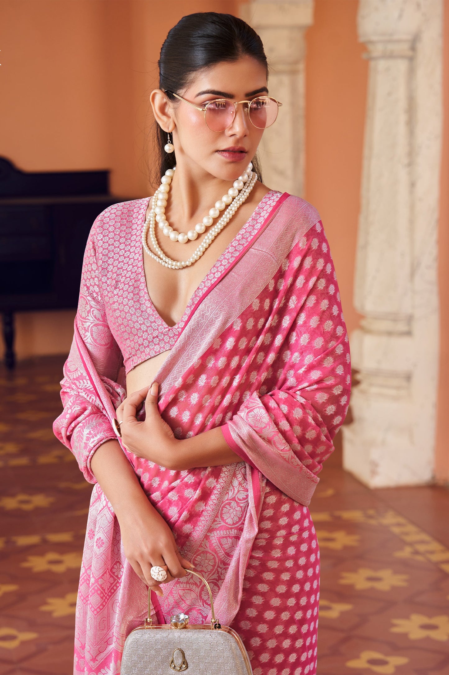 Hot Pink Woven Georgette Saree-SAR10176_2_SareeButa.com