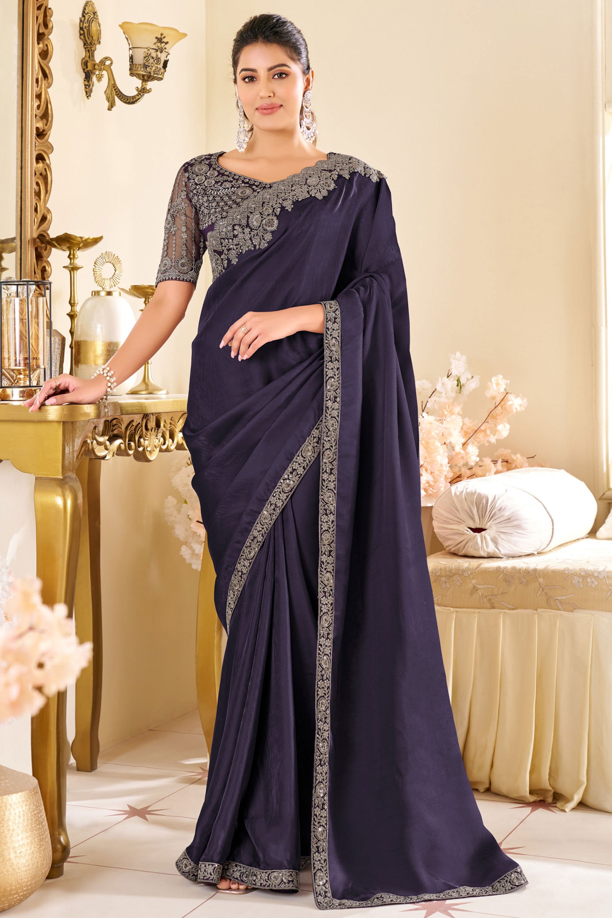 Indigo Blue Embroidered Silk Saree-ZB133542_1_SareeButa.com