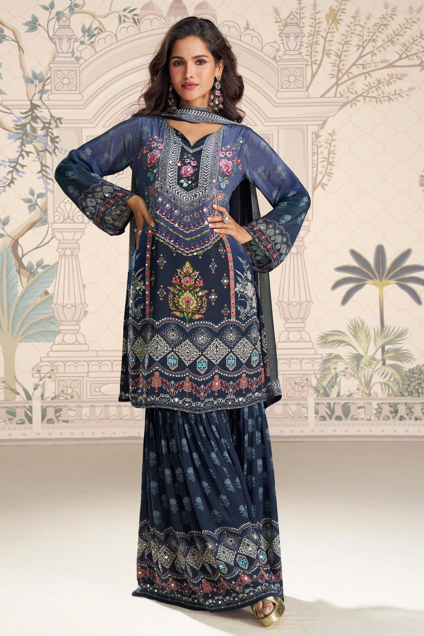 Indigo Blue Readymade Satin Crepe Sharara Suit-SAR10934_1_SareeButa.com