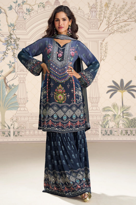 Indigo Blue Readymade Satin Crepe Sharara Suit-SAR10934_1_SareeButa.com