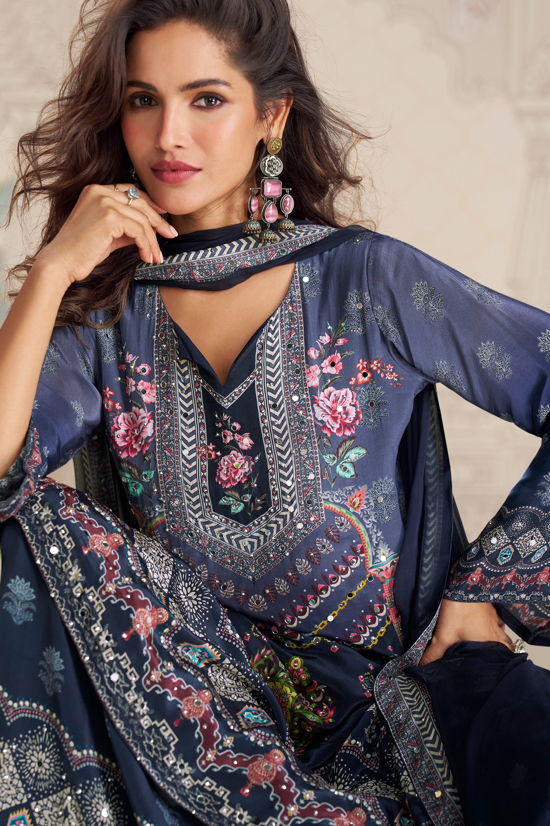 Indigo Blue Readymade Satin Crepe Sharara Suit-SAR10934_3_SareeButa.com