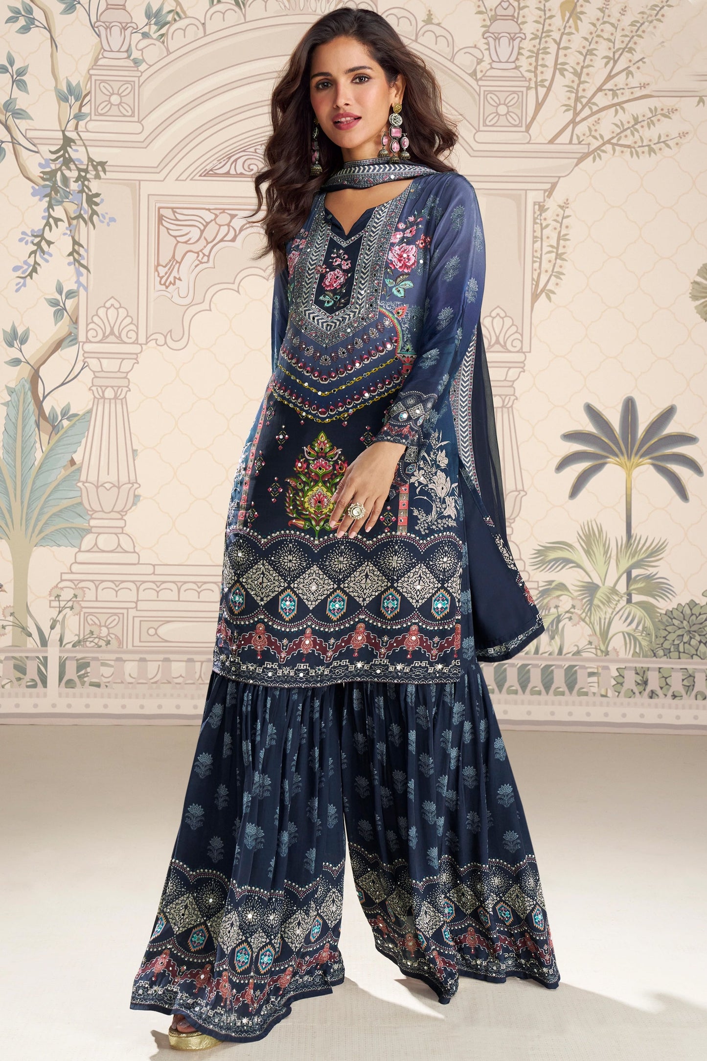 Indigo Blue Readymade Satin Crepe Sharara Suit-SAR10934_4_SareeButa.com