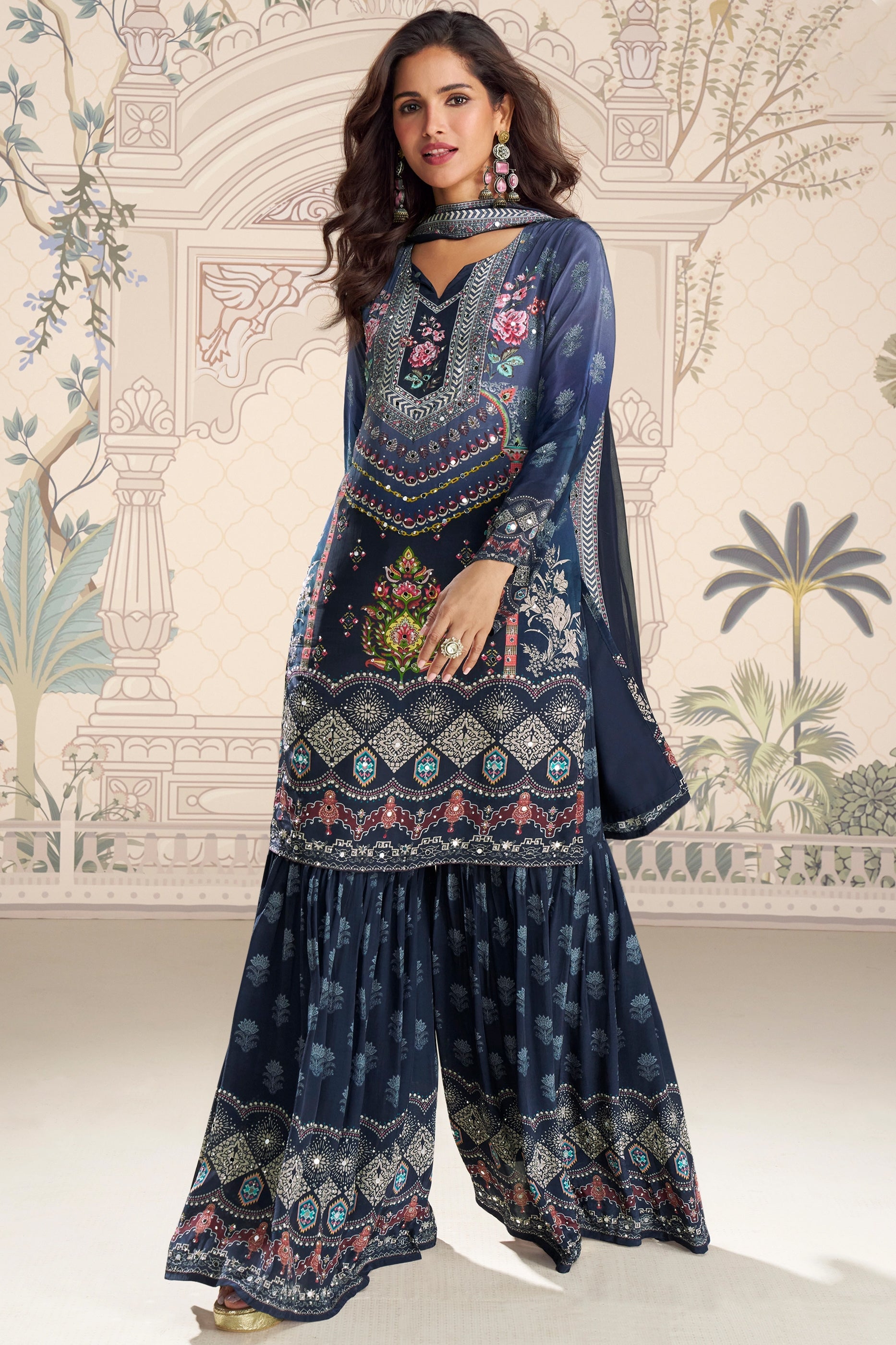 Indigo Blue Readymade Satin Crepe Sharara Suit-SAR10934_4_SareeButa.com