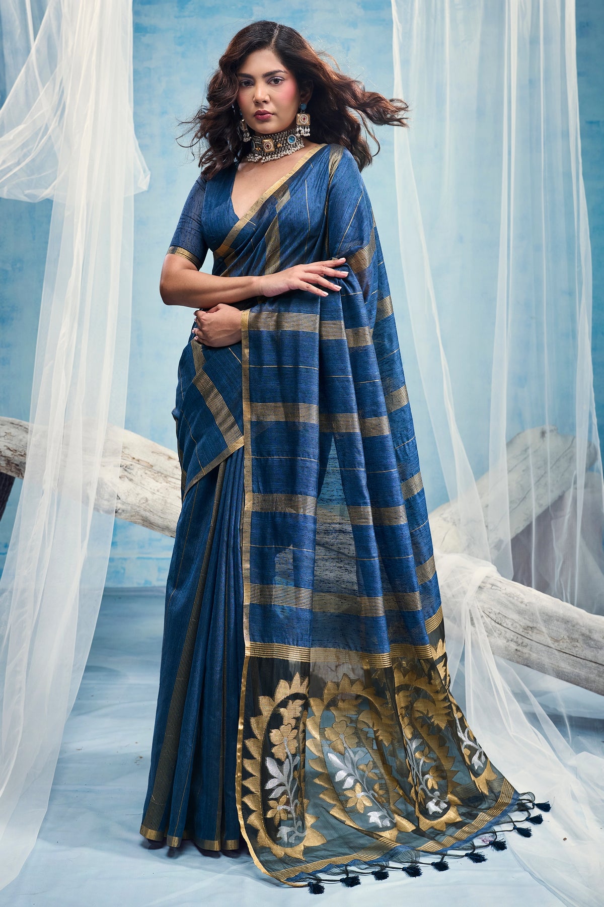 Indigo Blue Woven Munga Cotton Saree-SAR12909_1_SareeButa.com