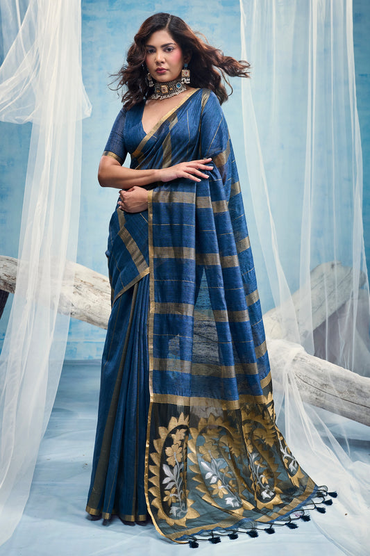 Indigo Blue Woven Munga Cotton Saree-SAR12909_1_SareeButa.com