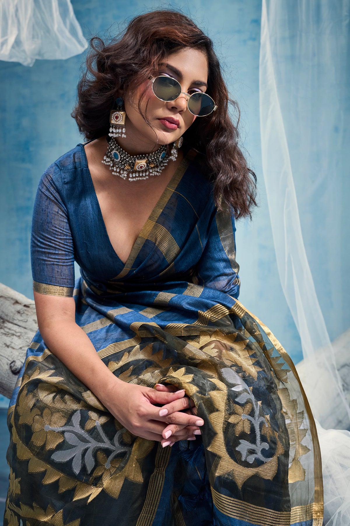 Indigo Blue Woven Munga Cotton Saree-SAR12909_2_SareeButa.com