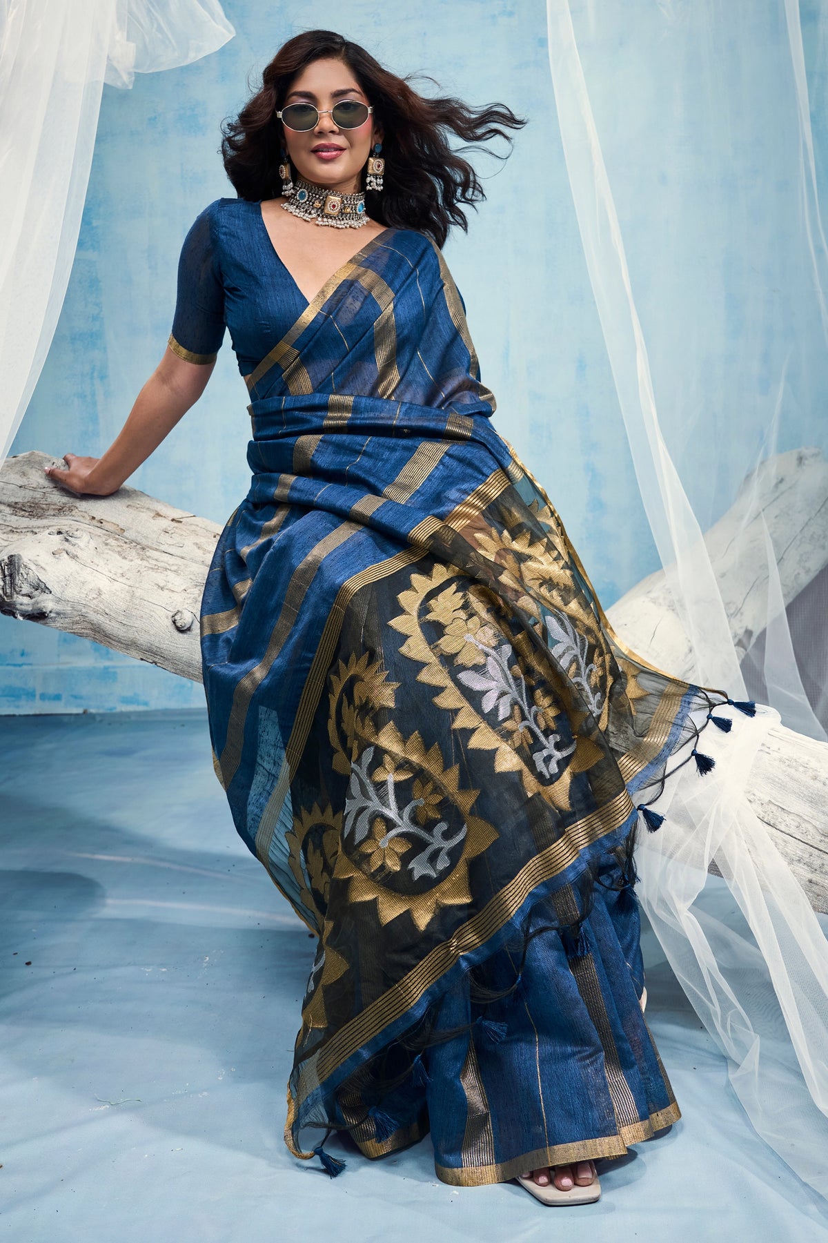 Indigo Blue Woven Munga Cotton Saree-SAR12909_3_SareeButa.com