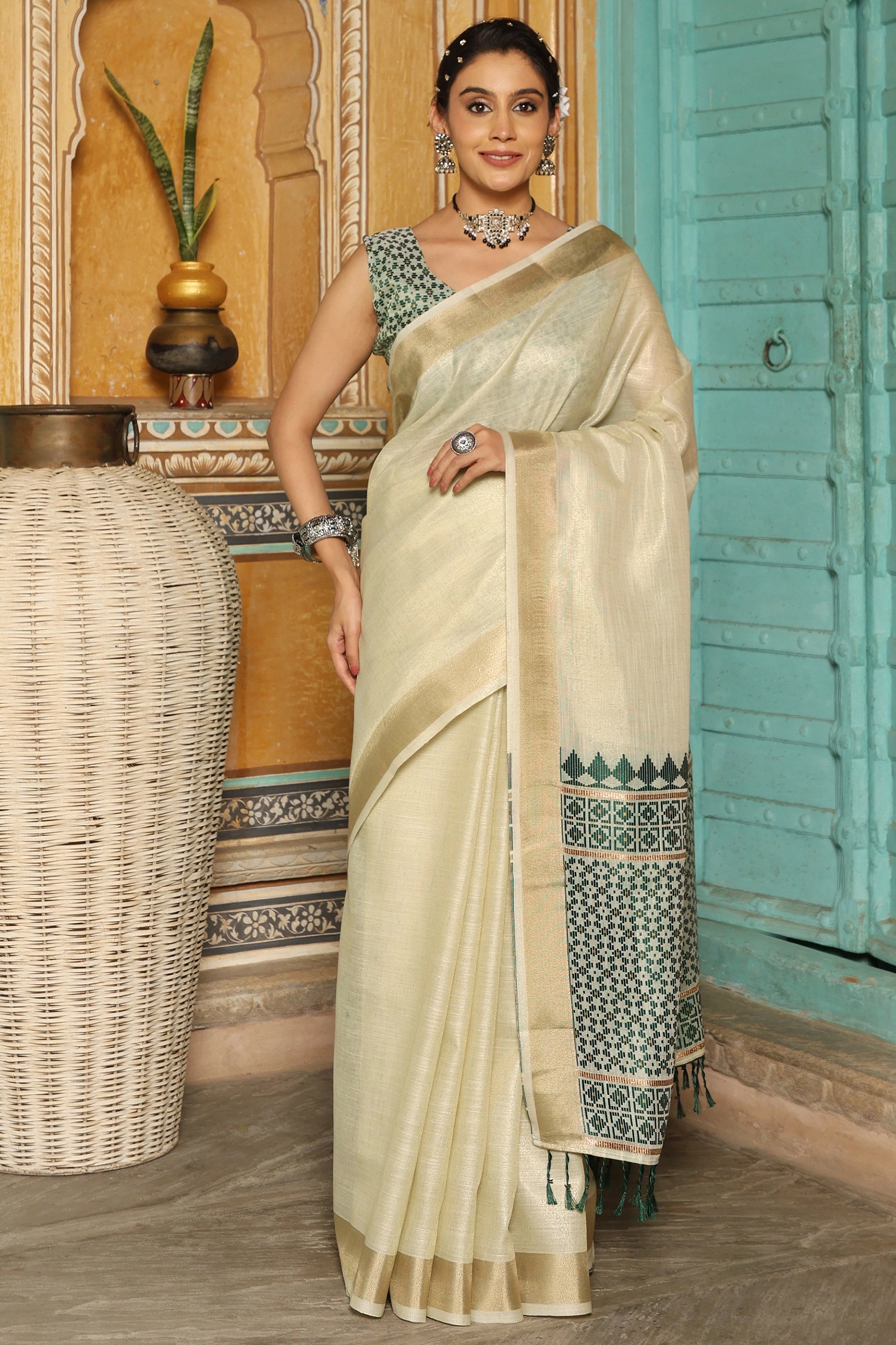 Ivory And Green Woven Linen Saree-SAR10626_1_SareeButa.com