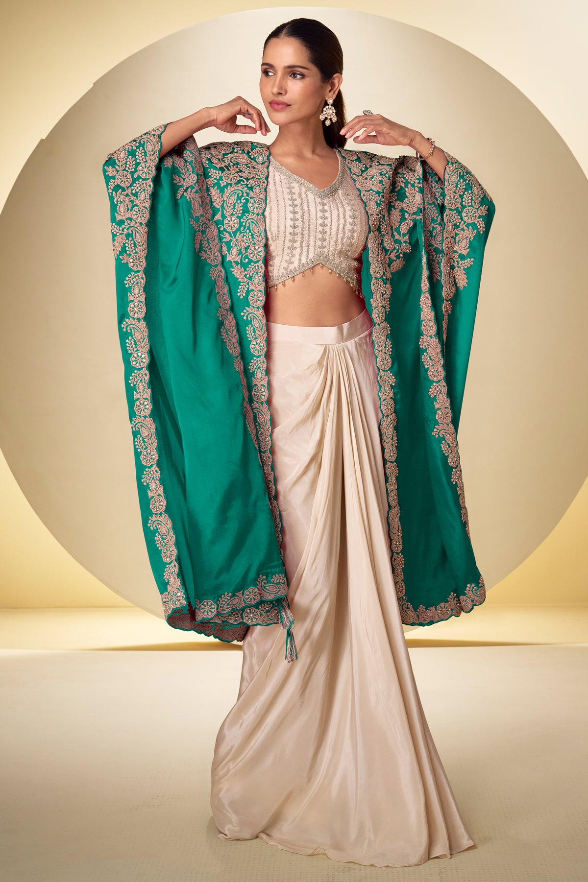 Ivory & Green Readymade Embroidered Chinon Skirt Set-SAR13379_1_SareeButa.com