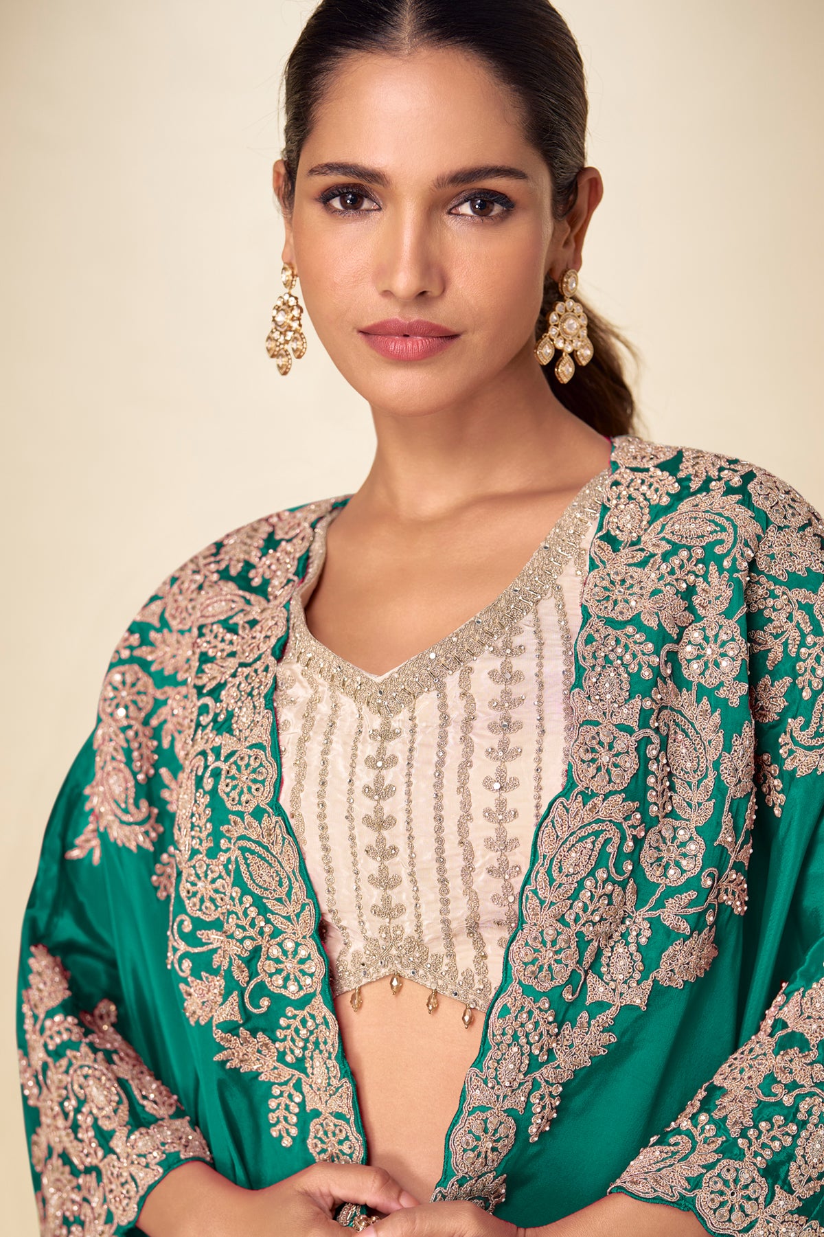 Ivory & Green Readymade Embroidered Chinon Skirt Set-SAR13379_2_SareeButa.com