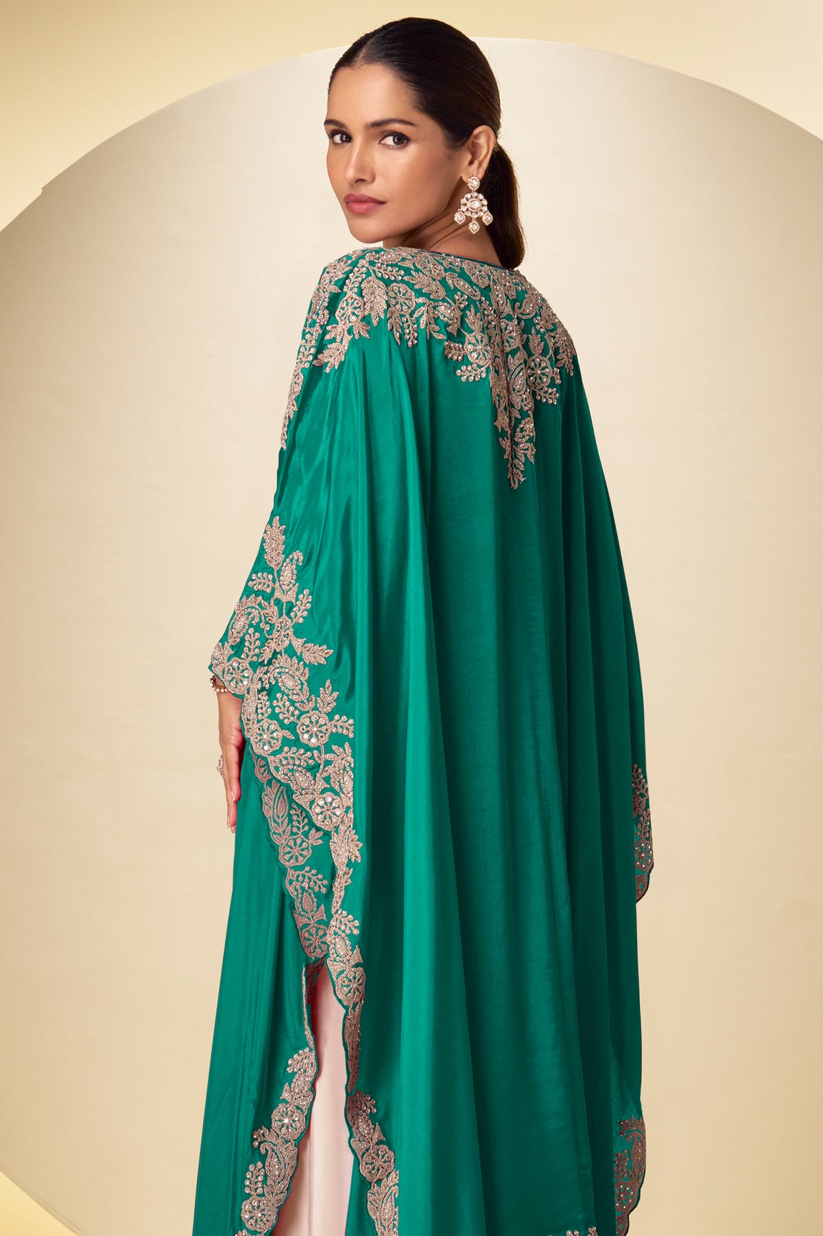 Ivory & Green Readymade Embroidered Chinon Skirt Set-SAR13379_3_SareeButa.com