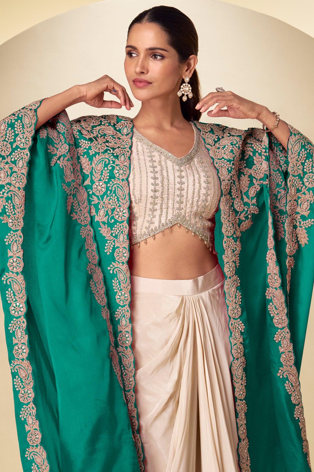 Ivory & Green Readymade Embroidered Chinon Skirt Set-SAR13379_4_SareeButa.com