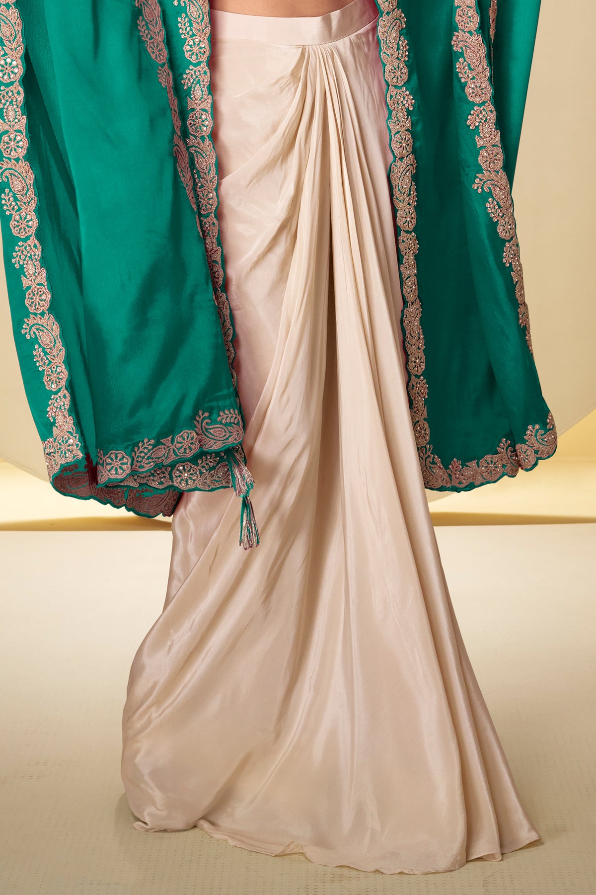 Ivory & Green Readymade Embroidered Chinon Skirt Set-SAR13379_5_SareeButa.com