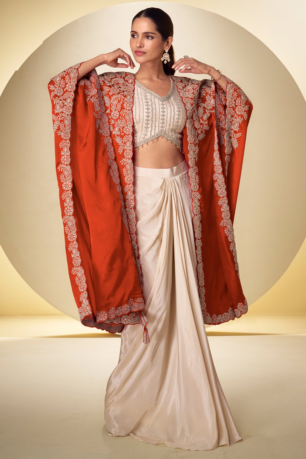 Ivory & Orange Readymade Embroidered Chinon Skirt Set-SAR13380_1_SareeButa.com