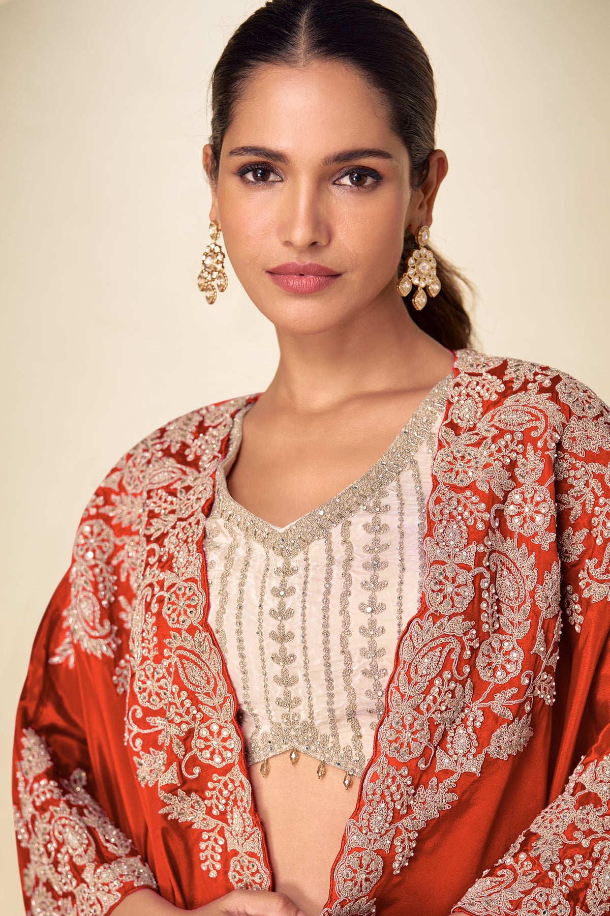 Ivory & Orange Readymade Embroidered Chinon Skirt Set-SAR13380_2_SareeButa.com