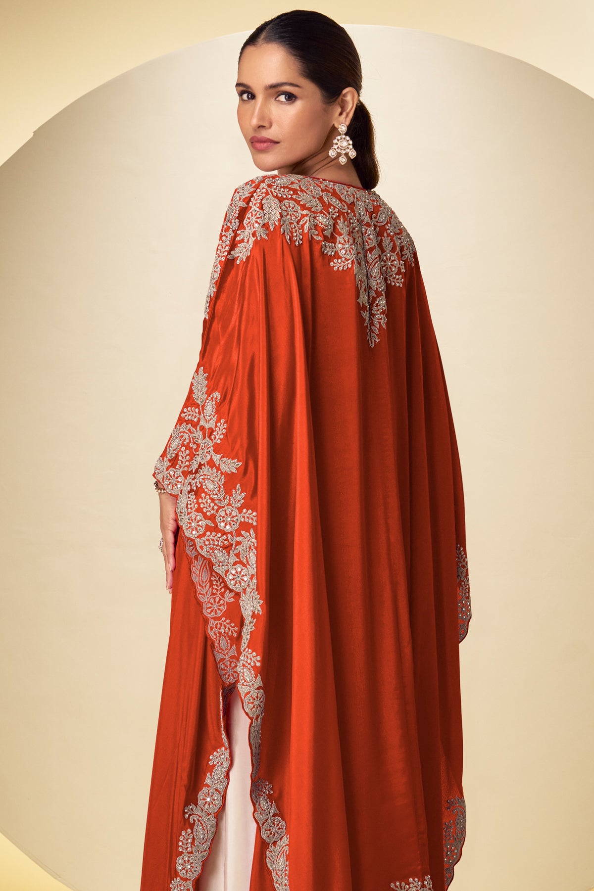 Ivory & Orange Readymade Embroidered Chinon Skirt Set-SAR13380_3_SareeButa.com