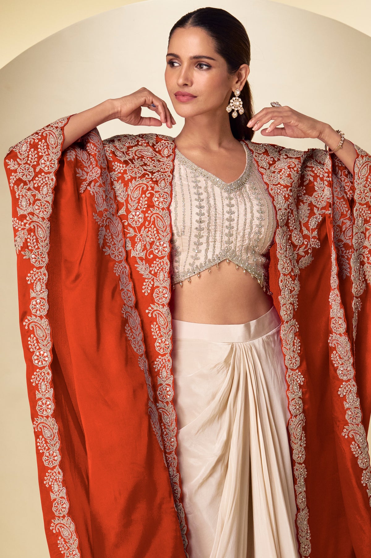 Ivory & Orange Readymade Embroidered Chinon Skirt Set-SAR13380_4_SareeButa.com