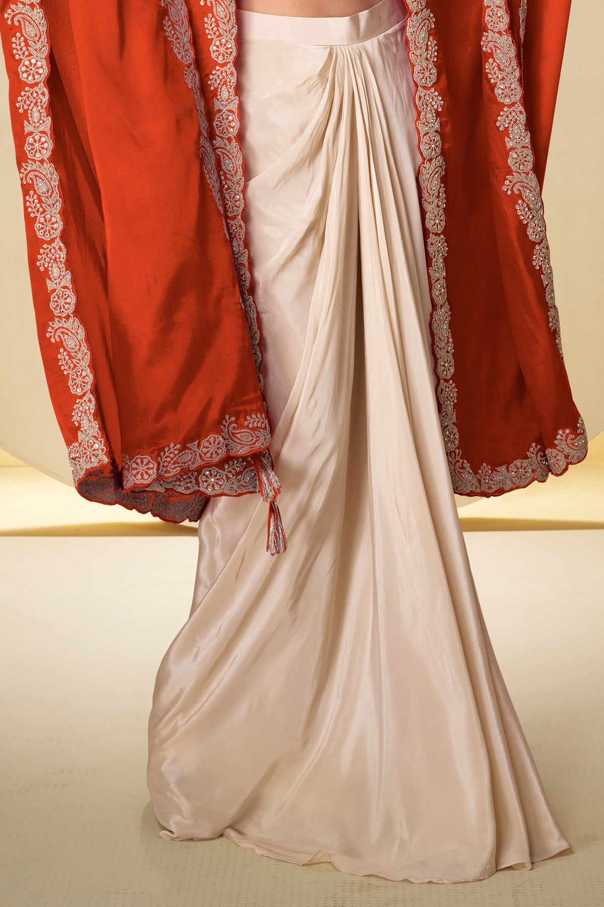 Ivory & Orange Readymade Embroidered Chinon Skirt Set-SAR13380_5_SareeButa.com