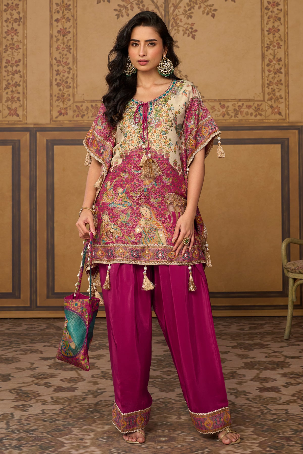Ivory Pink & Magenta Mirror Work Viscose Silk Kaftan-SAR13568_1_SareeButa.com