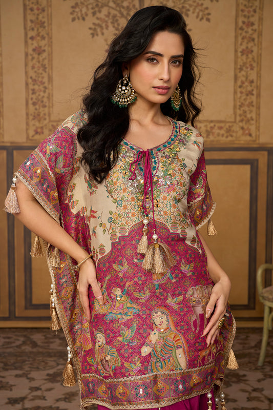 Ivory Pink & Magenta Mirror Work Viscose Silk Kaftan-SAR13568_2_SareeButa.com
