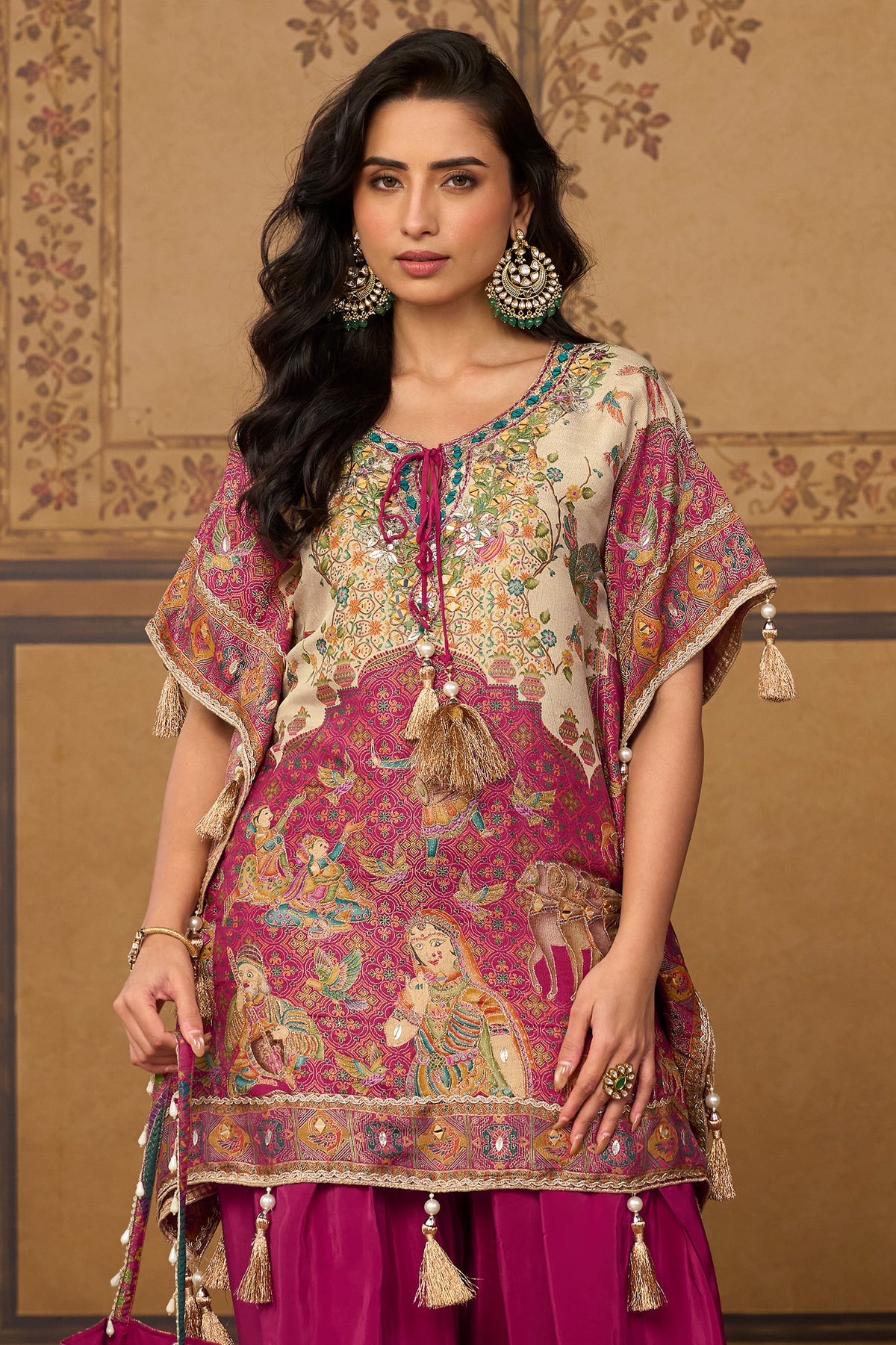 Ivory Pink & Magenta Mirror Work Viscose Silk Kaftan-SAR13568_3_SareeButa.com