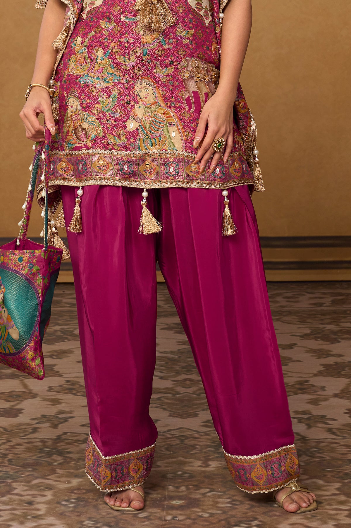 Ivory Pink & Magenta Mirror Work Viscose Silk Kaftan-SAR13568_4_SareeButa.com