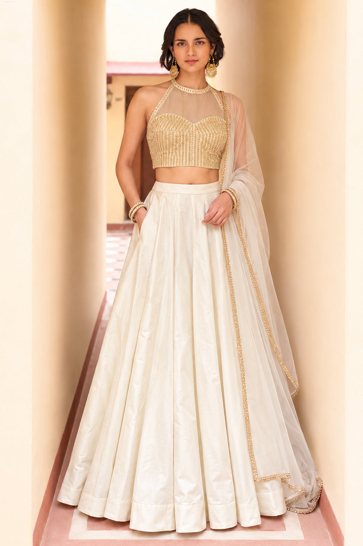 Ivory Readymade Sequence Work Silk Lehenga-SAR13340_1_SareeButa.com