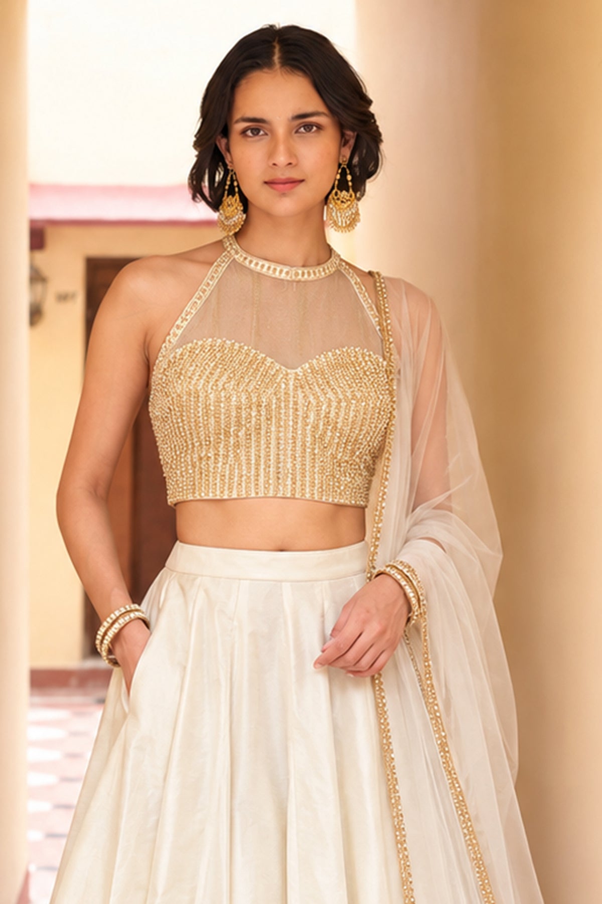 Ivory Readymade Sequence Work Silk Lehenga-SAR13340_2_SareeButa.com