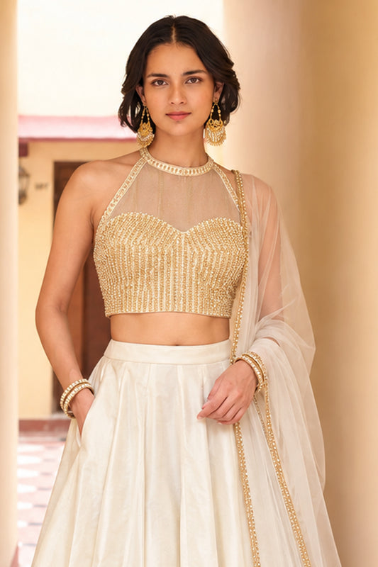 Ivory Readymade Sequence Work Silk Lehenga-SAR13340_2_SareeButa.com