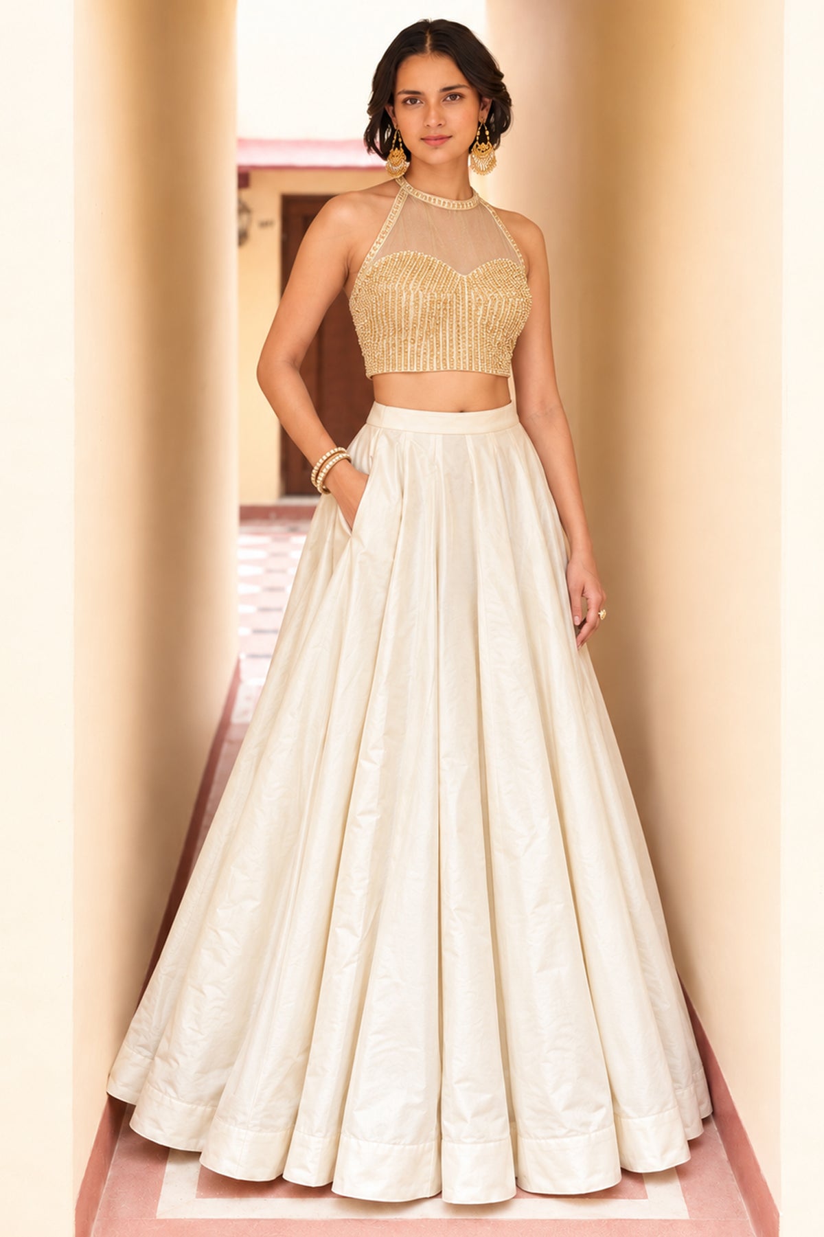 Ivory Readymade Sequence Work Silk Lehenga-SAR13340_3_SareeButa.com