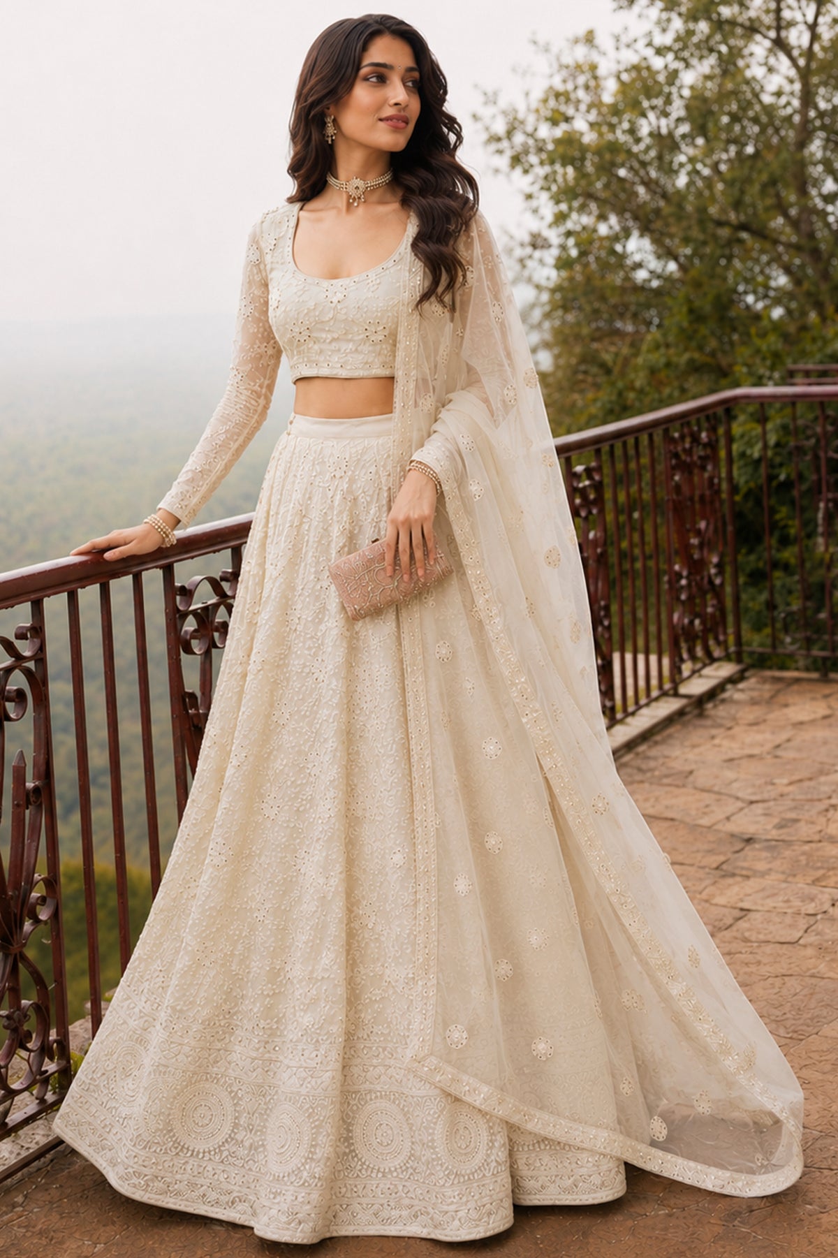 Ivory Semi Stitched Embroidered Georgette Lehenga-SAR13217_2_SareeButa.com