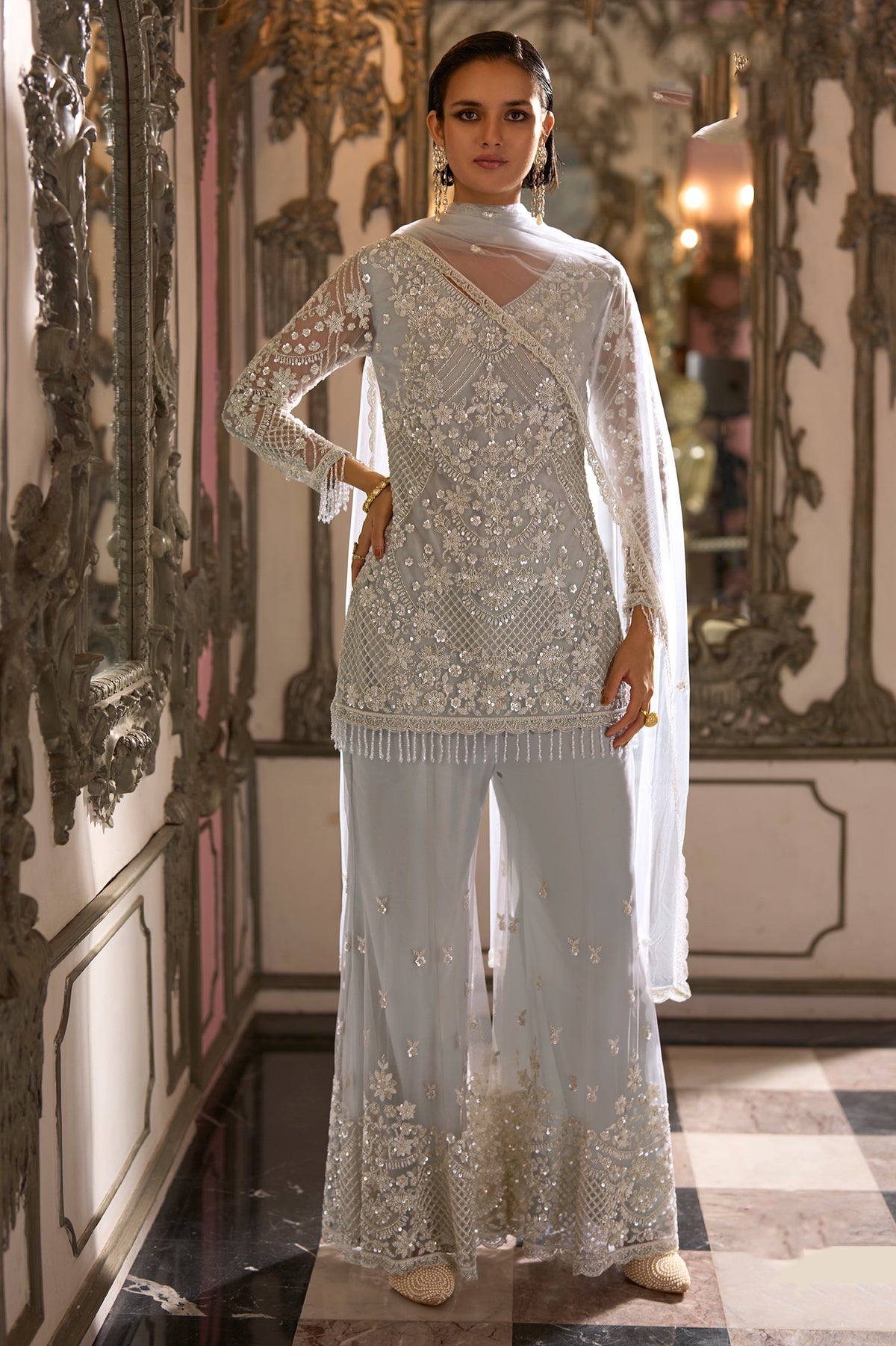 Ivory Silver Readymade Heavy Work Net Suit-SAR13245_1_SareeButa.com