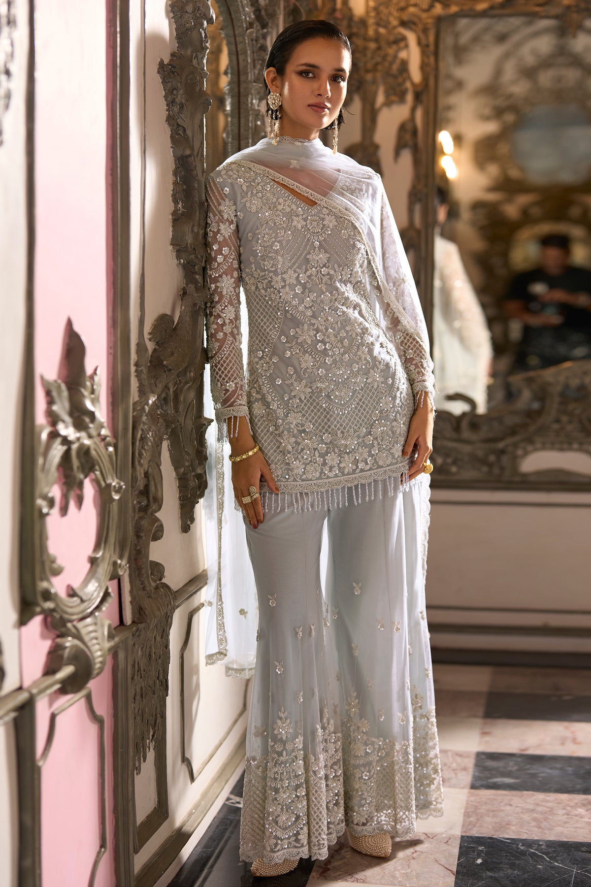 Ivory Silver Readymade Heavy Work Net Suit-SAR13245_4_SareeButa.com