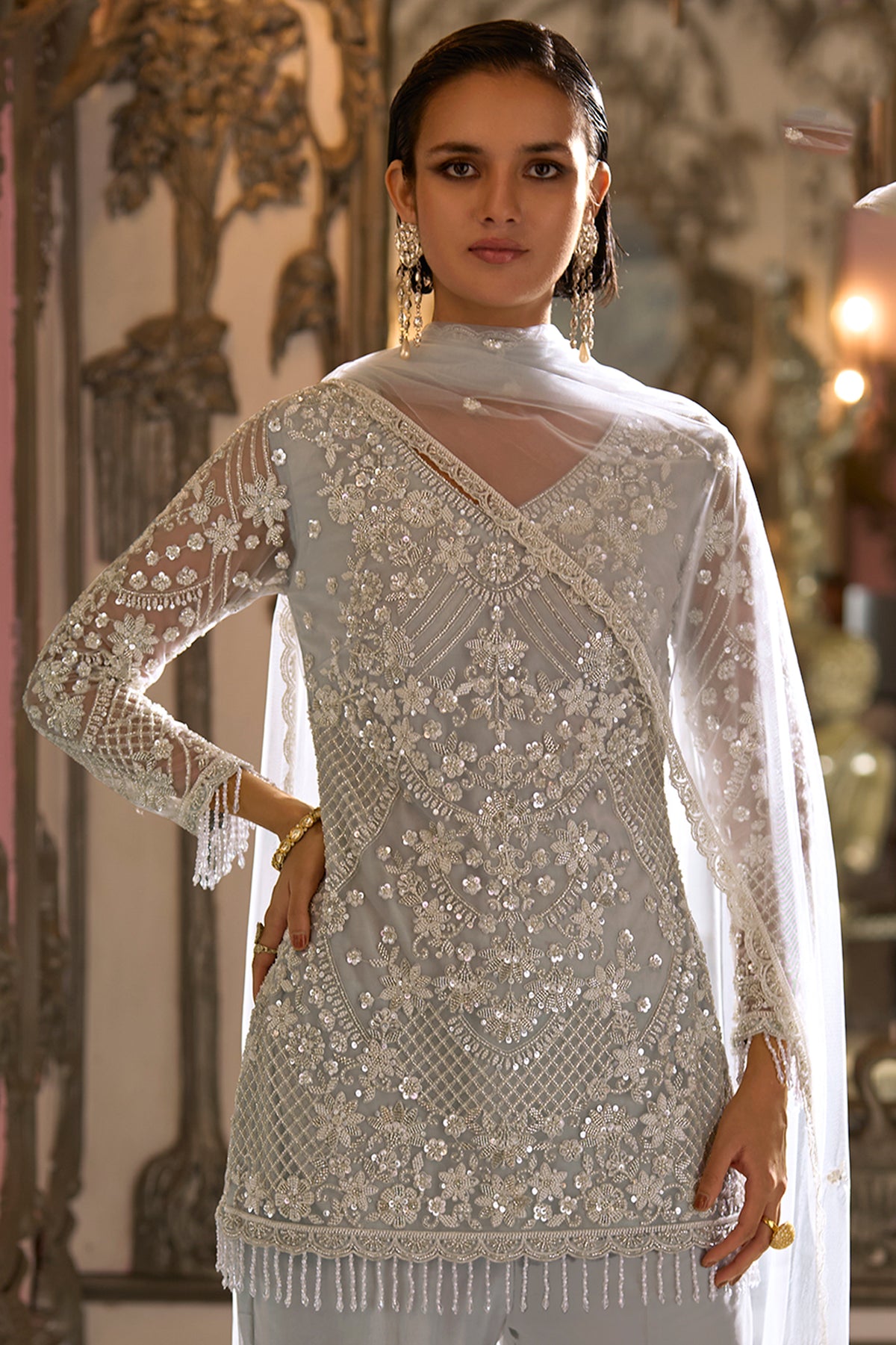 Ivory Silver Readymade Heavy Work Net Suit-SAR13245_5_SareeButa.com