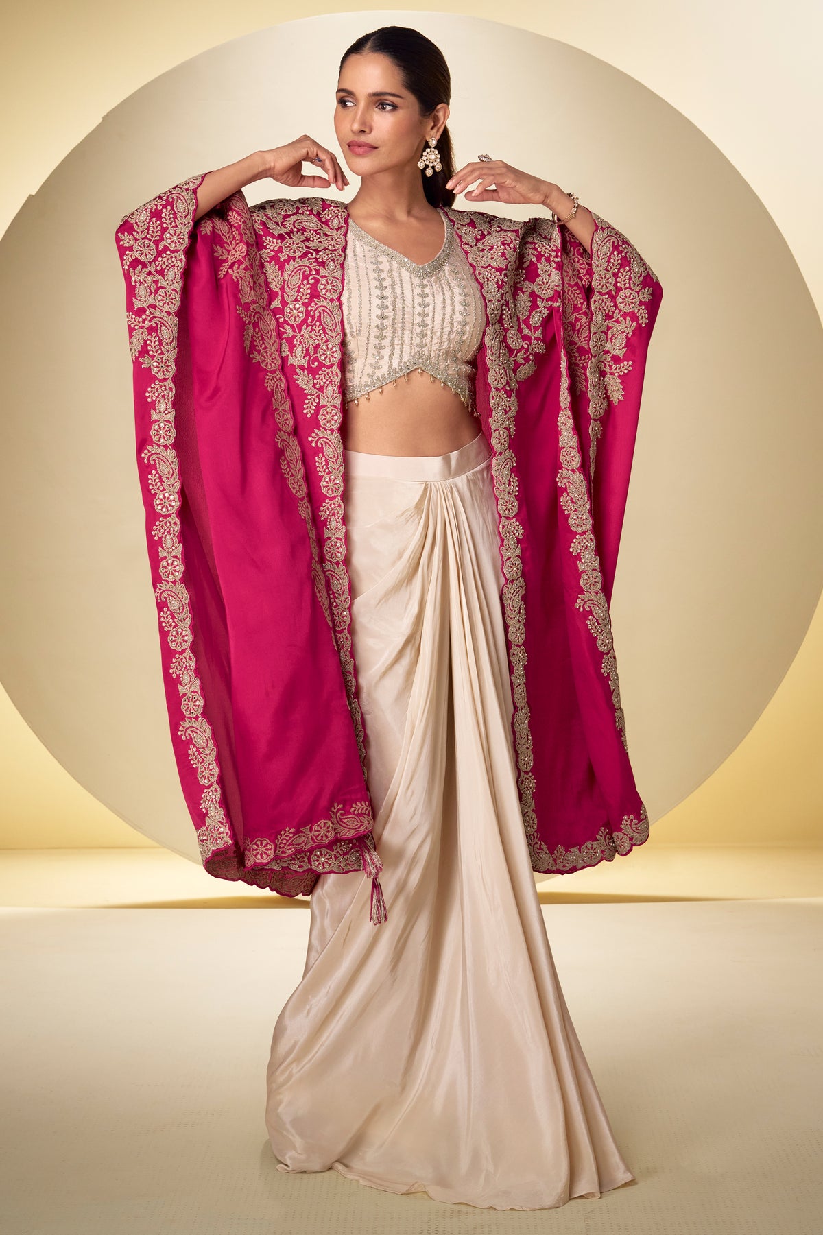 Ivory and Pink Readymade Embroidered Chinon Skirt Set-SAR13377_1_SareeButa.com