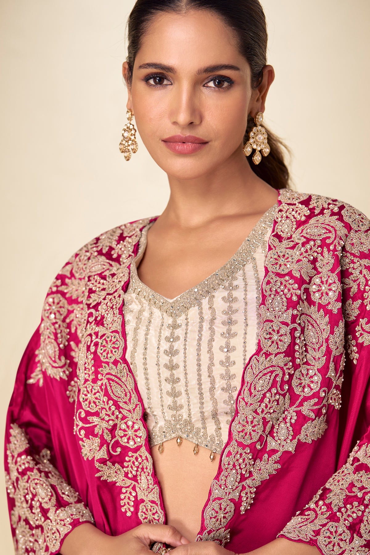 Ivory and Pink Readymade Embroidered Chinon Skirt Set-SAR13377_2_SareeButa.com