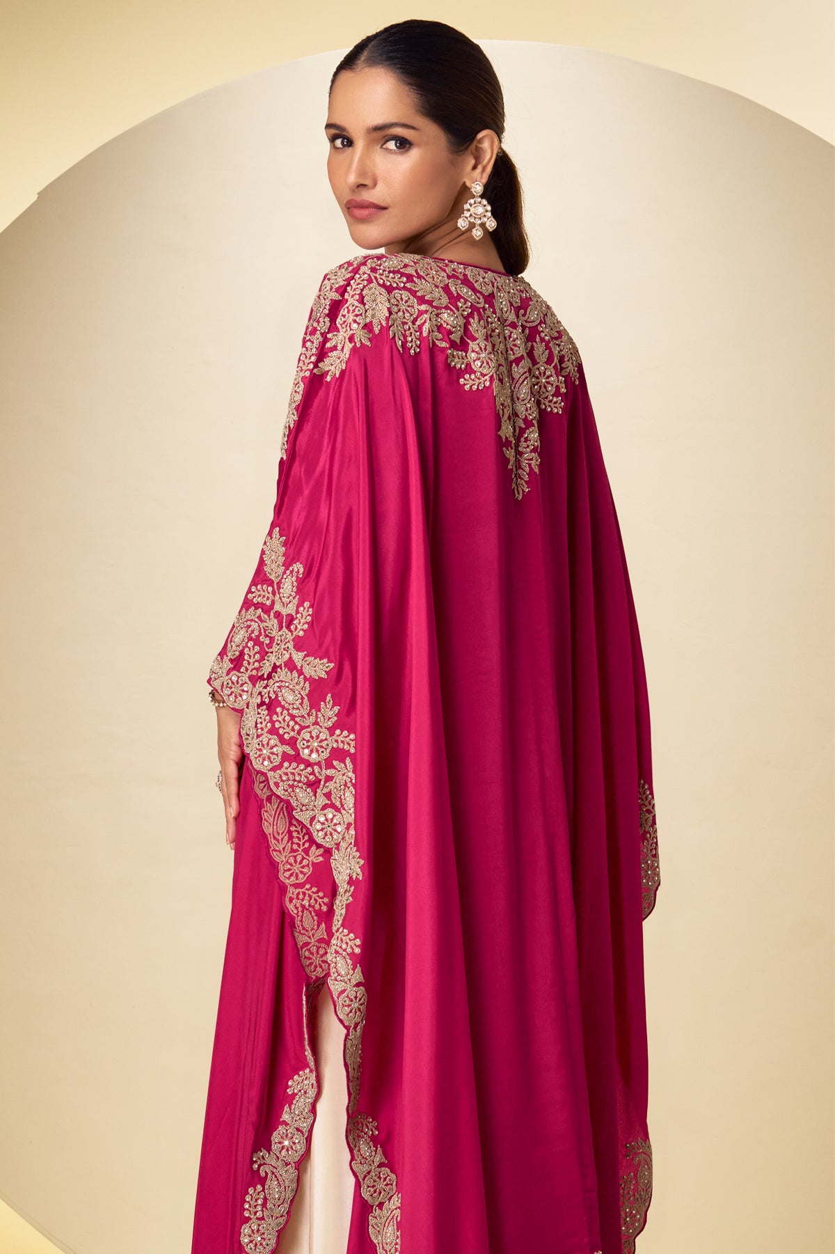 Ivory and Pink Readymade Embroidered Chinon Skirt Set-SAR13377_3_SareeButa.com
