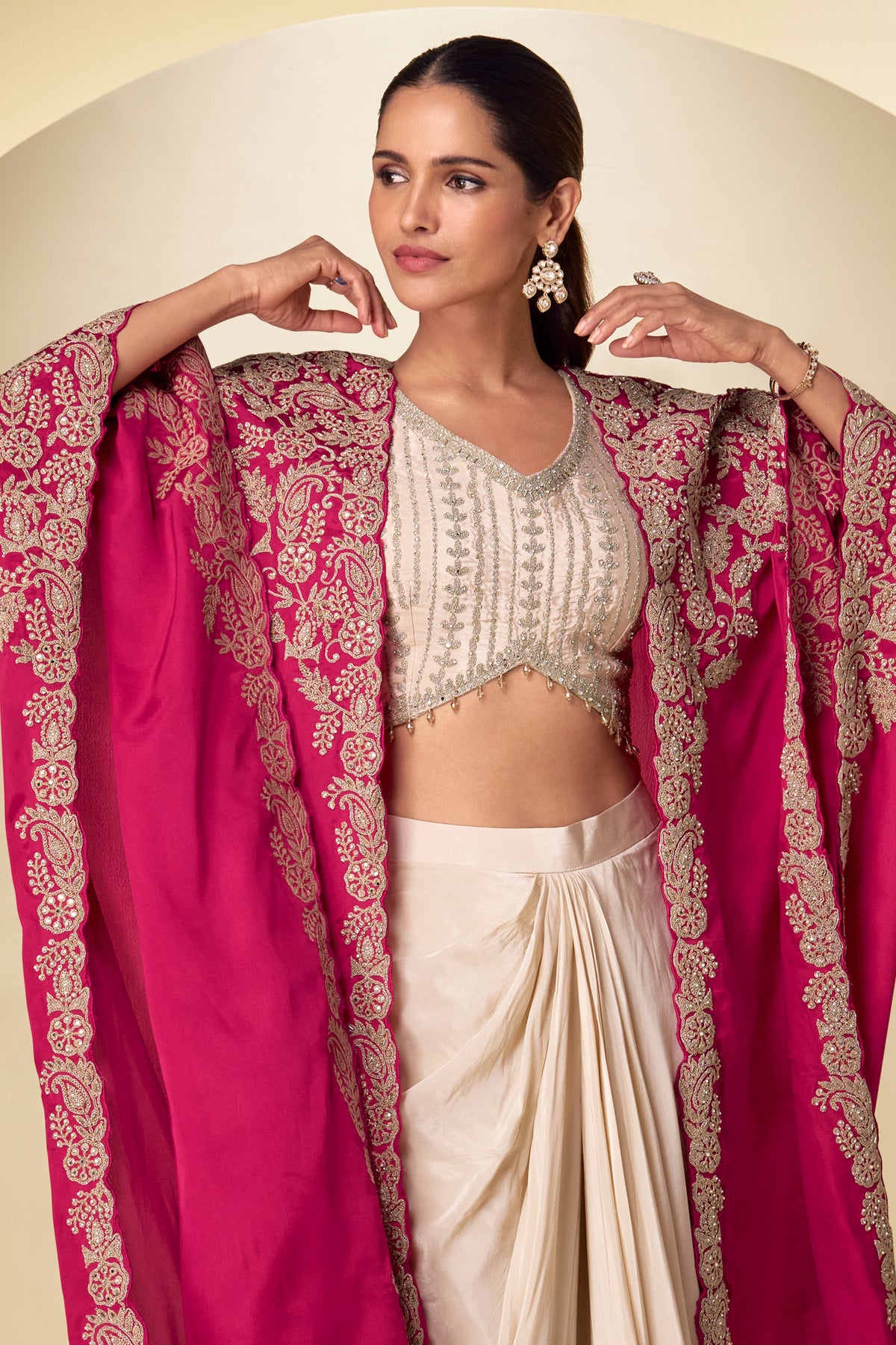 Ivory and Pink Readymade Embroidered Chinon Skirt Set-SAR13377_4_SareeButa.com