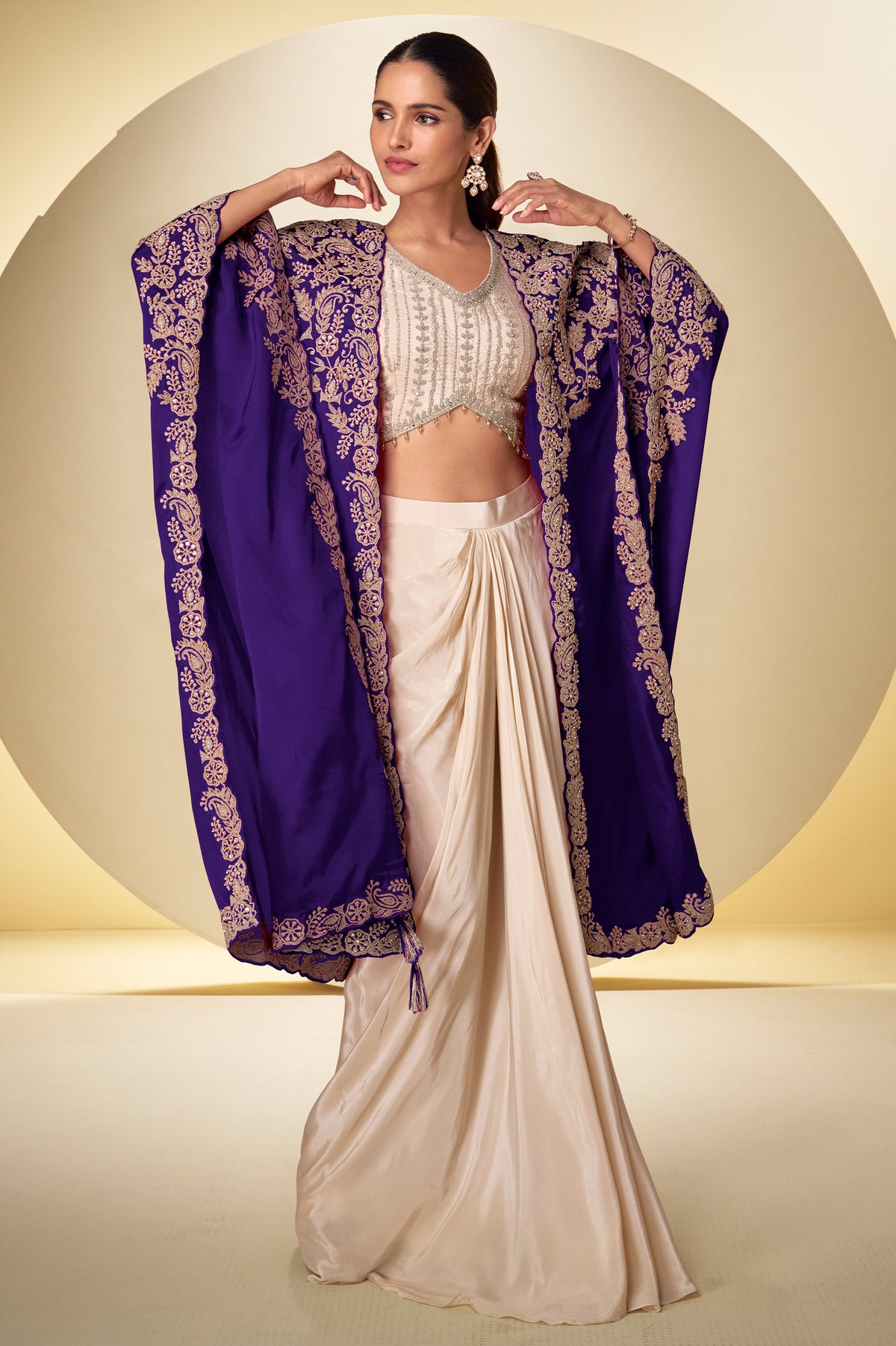 Ivory and Purple Readymade Embroidered Chinon Skirt Set-SAR13378_1_SareeButa.com