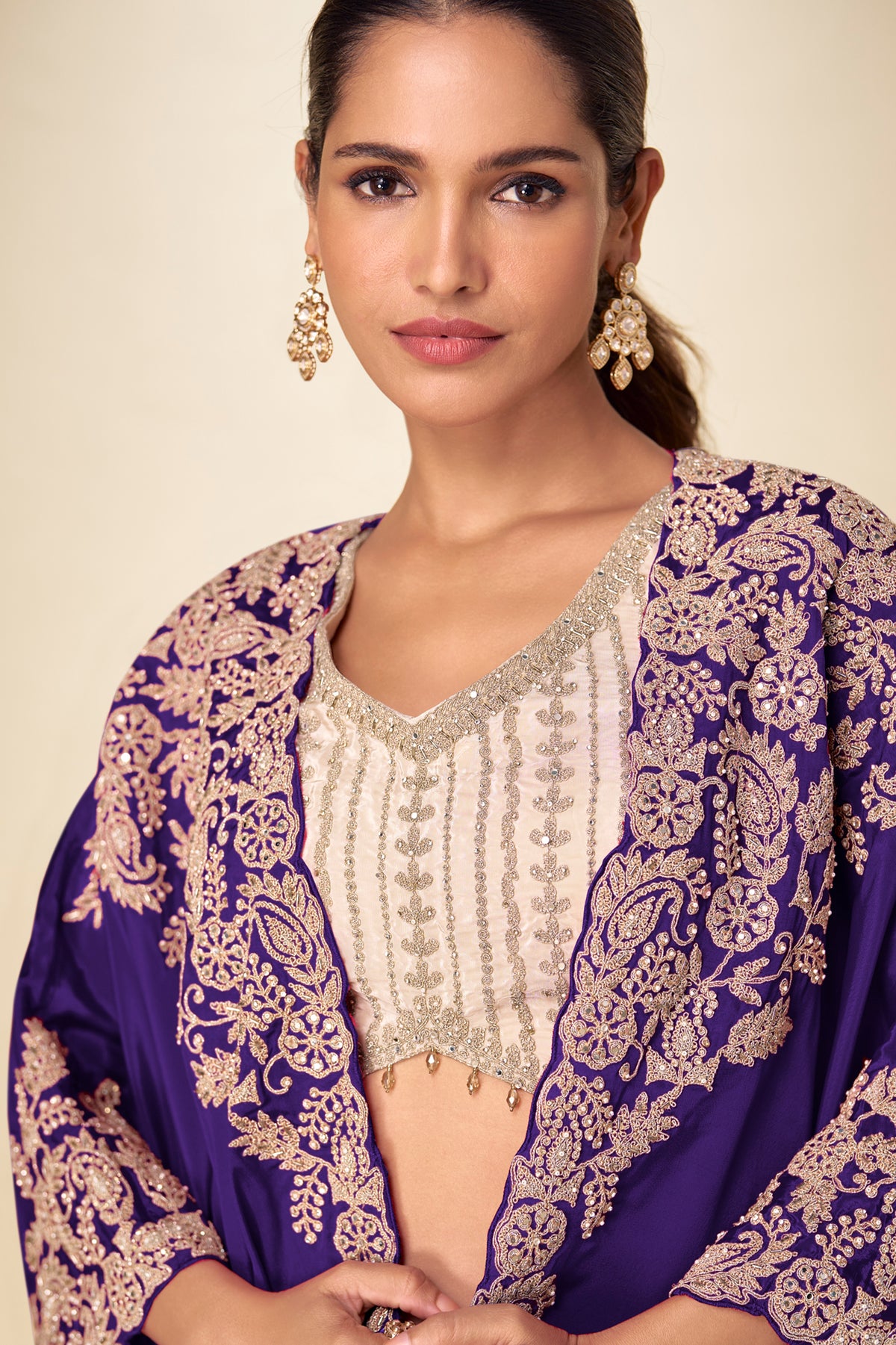 Ivory and Purple Readymade Embroidered Chinon Skirt Set-SAR13378_2_SareeButa.com