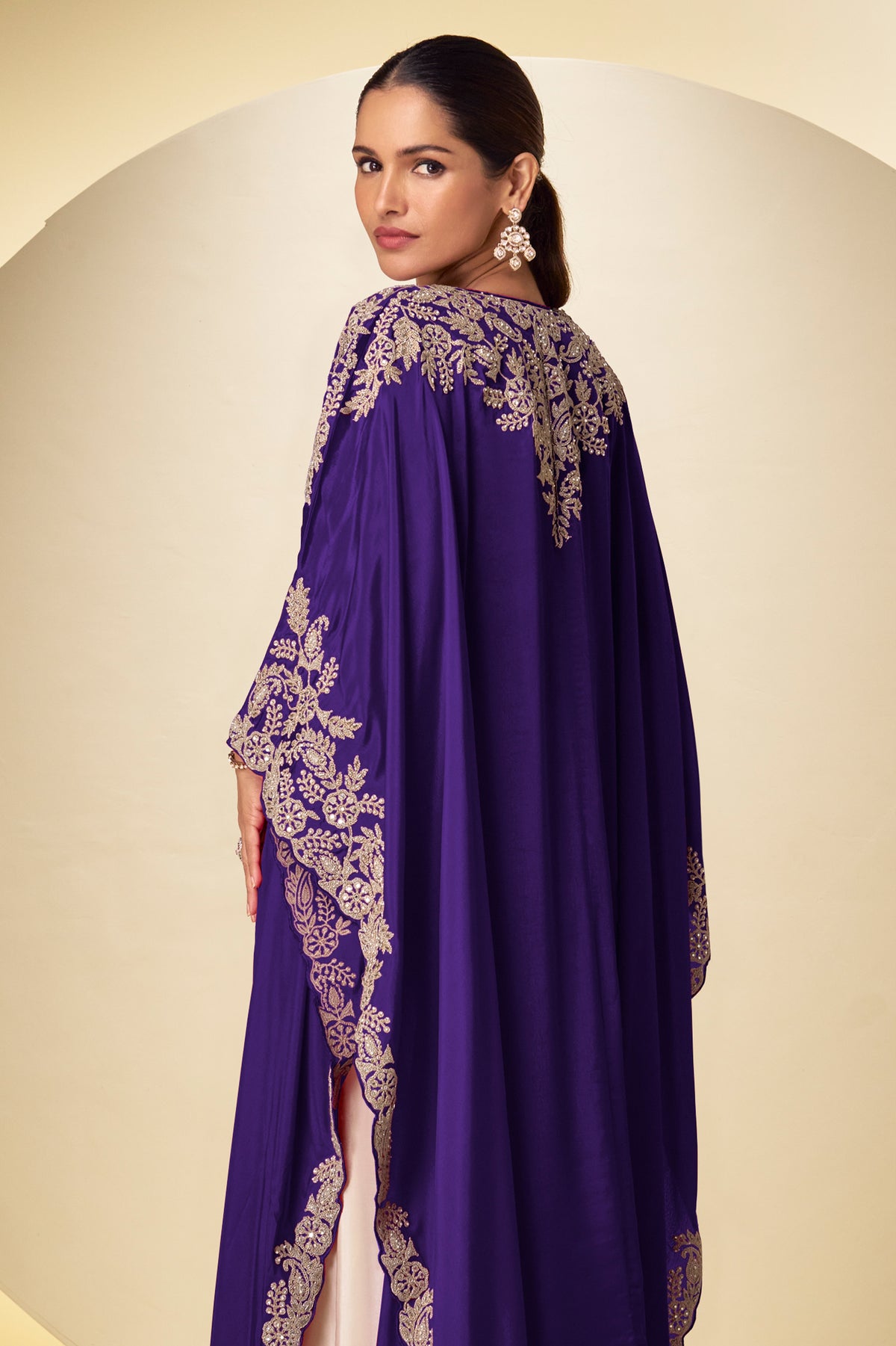 Ivory and Purple Readymade Embroidered Chinon Skirt Set-SAR13378_3_SareeButa.com