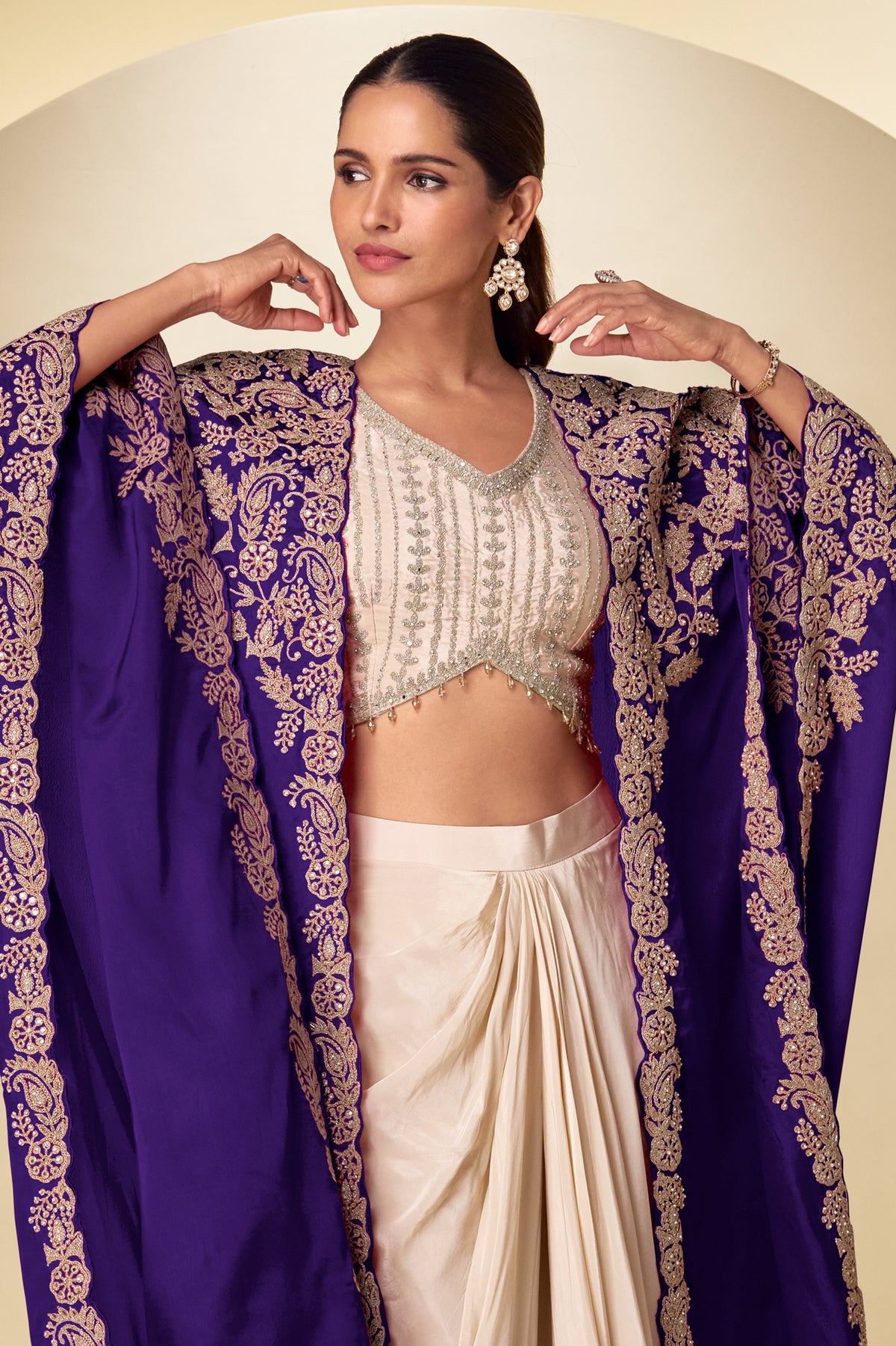Ivory and Purple Readymade Embroidered Chinon Skirt Set-SAR13378_4_SareeButa.com