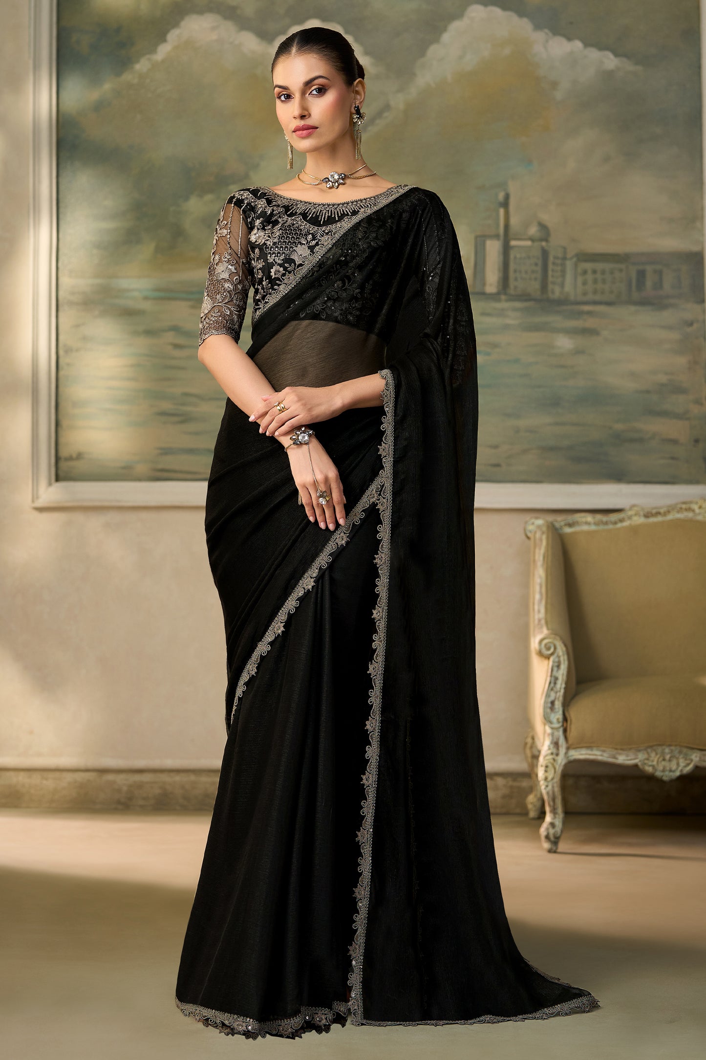 Jet Black Embroidered Chiffon Saree-SAR13184_1_SareeButa.com