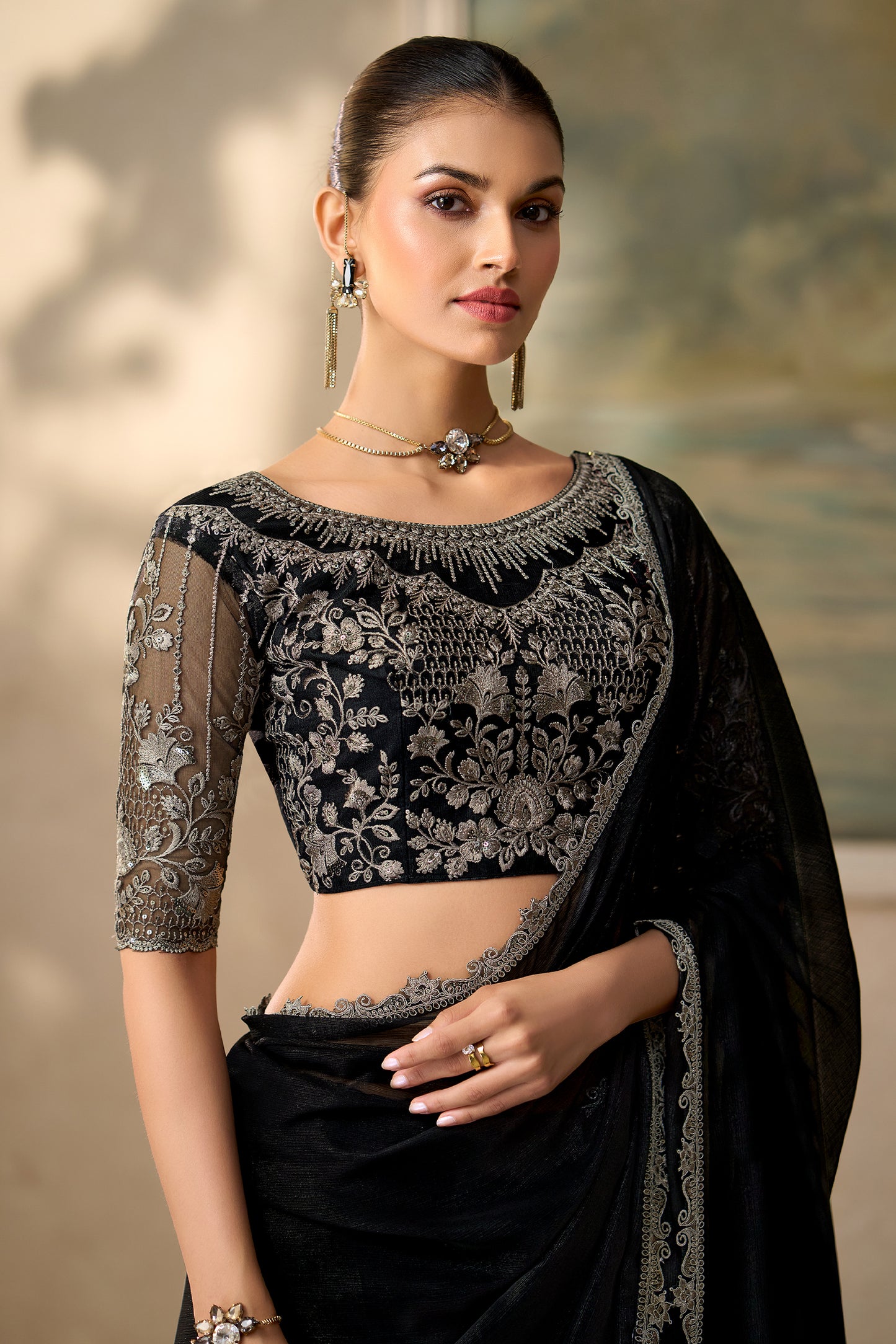 Jet Black Embroidered Chiffon Saree-SAR13184_2_SareeButa.com